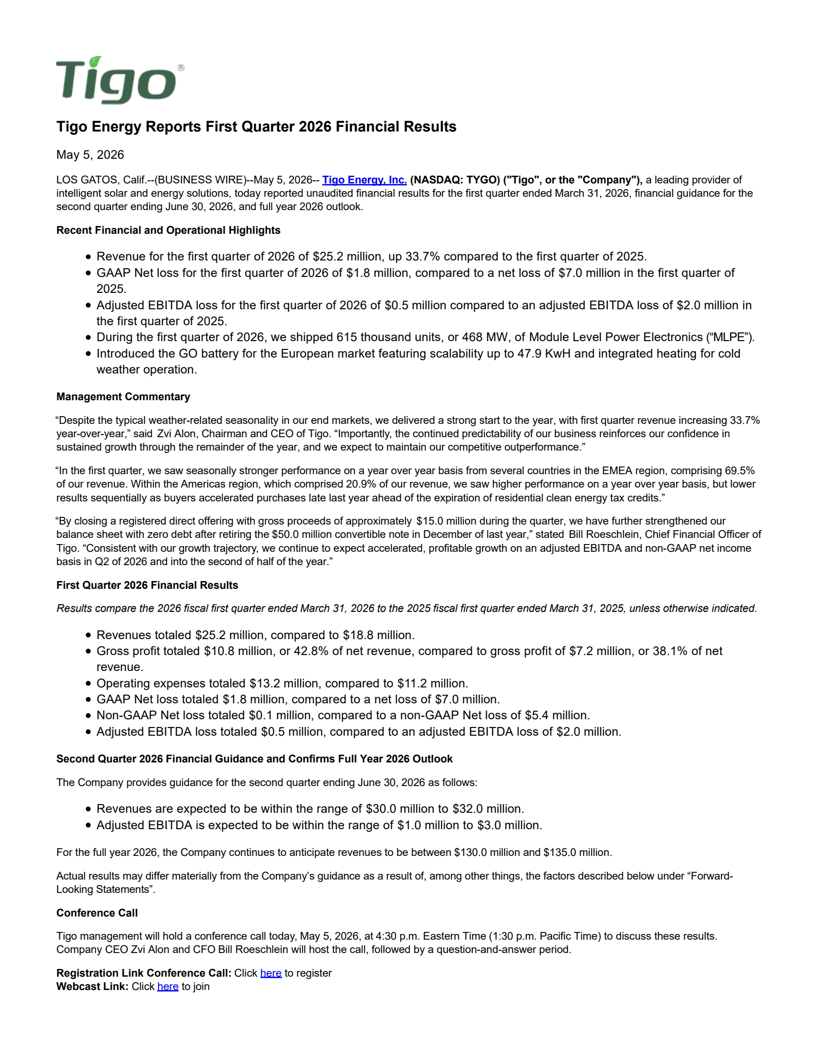 Tigo Energy's Q1 2026 Press Release