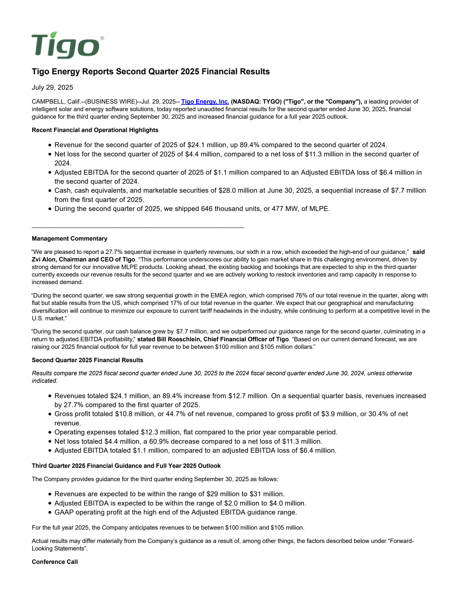 Tigo Energy's Q2 2025 Press Release