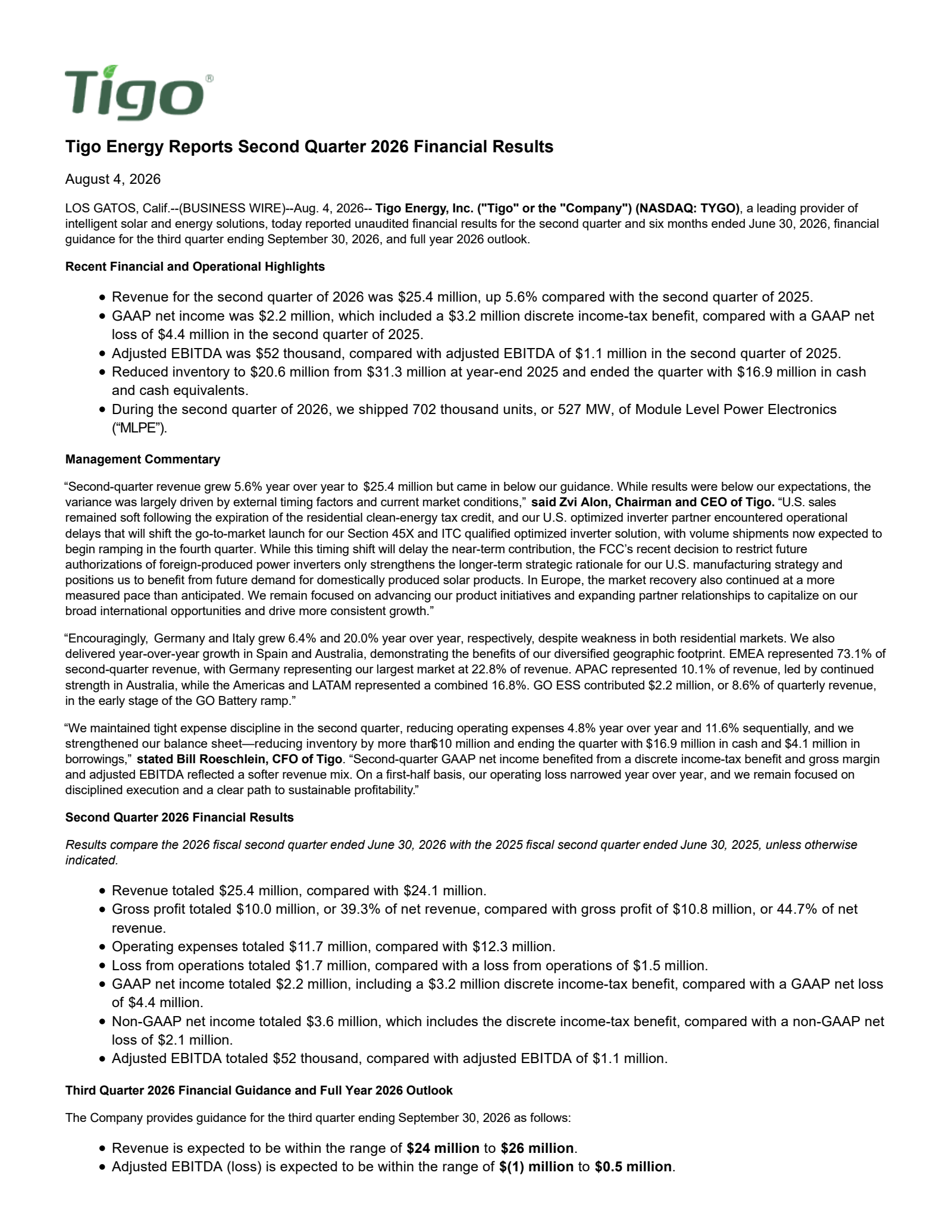 Tigo Energy's Q2 2026 Press Release