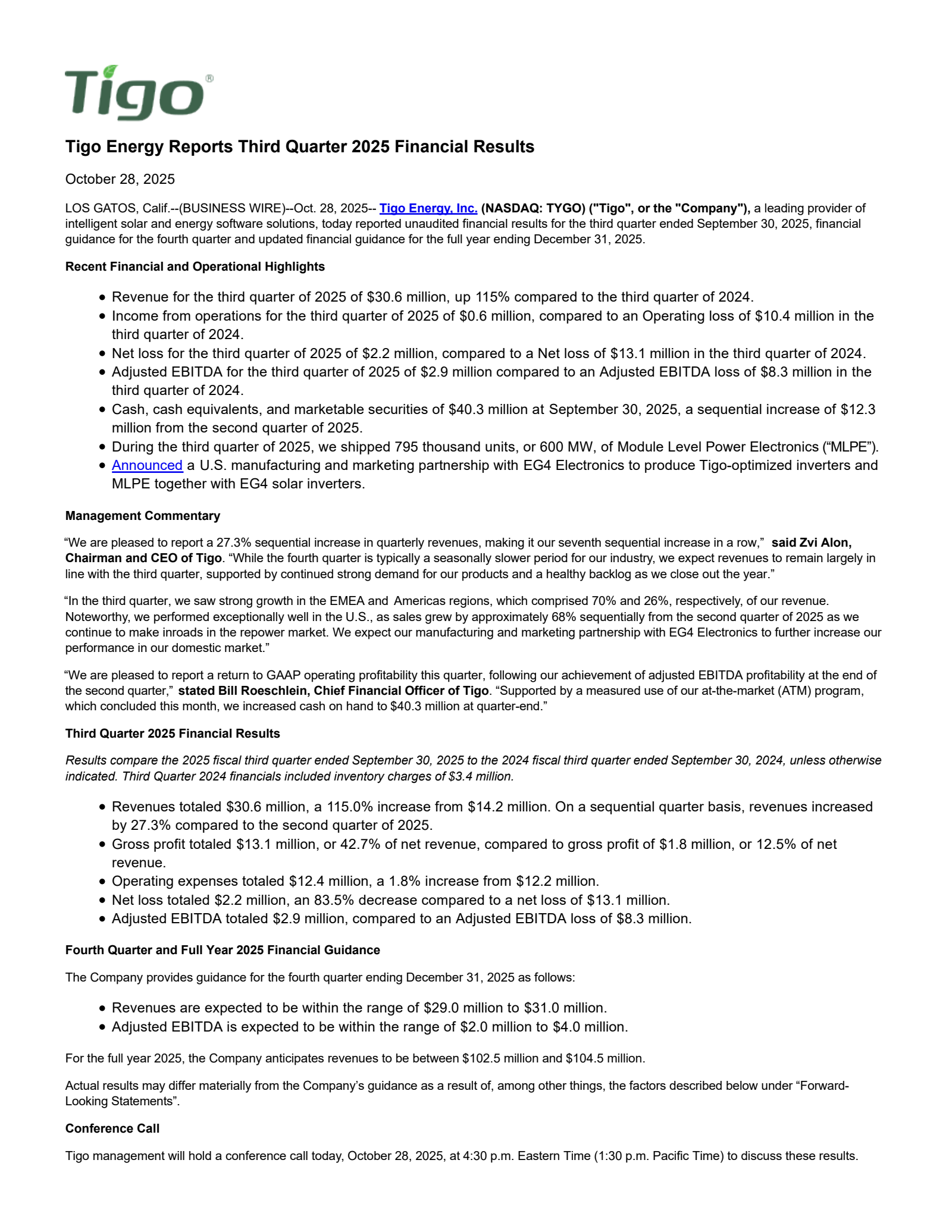 Tigo Energy's Q3 2025 Earnings Release