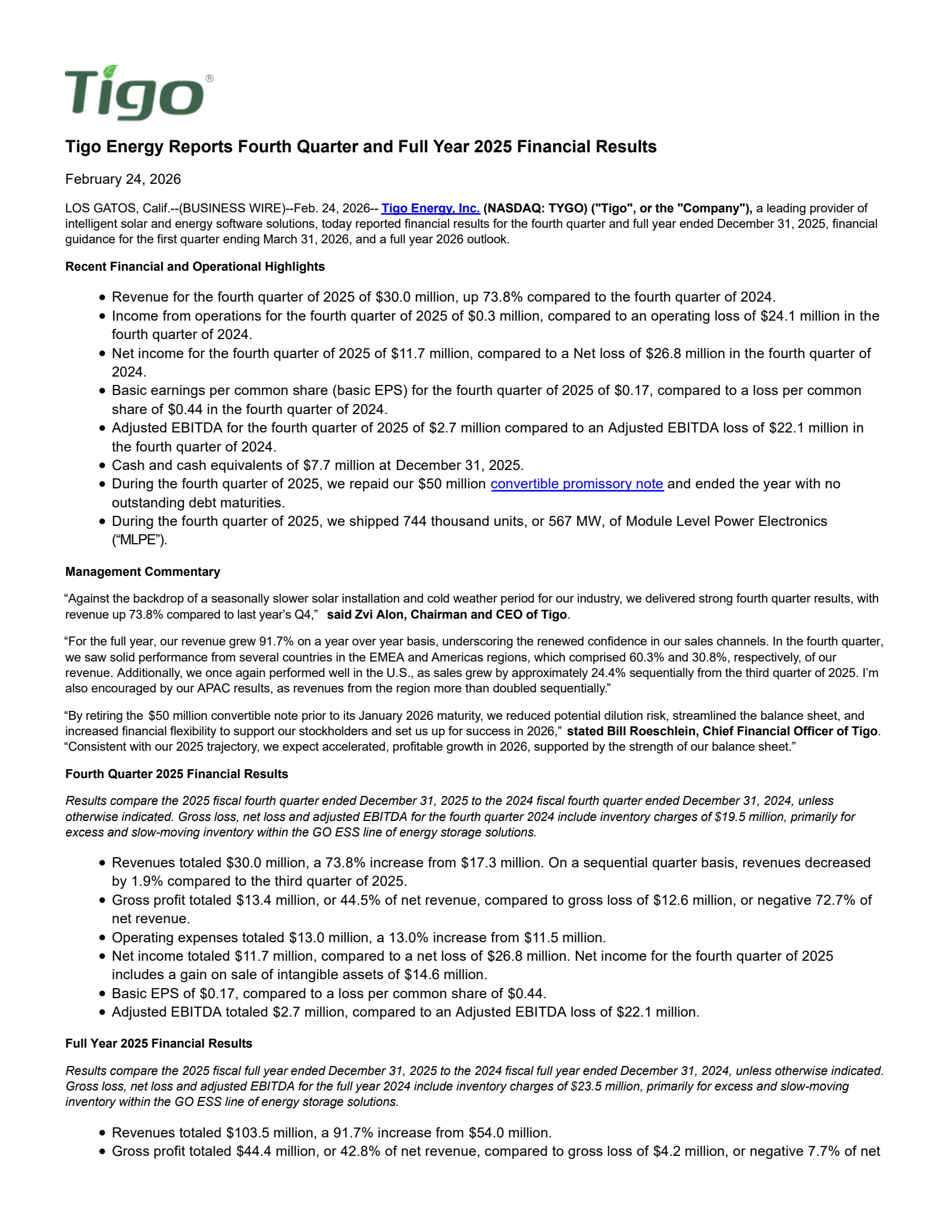 Tigo Energy's Q4 2025 Press Release