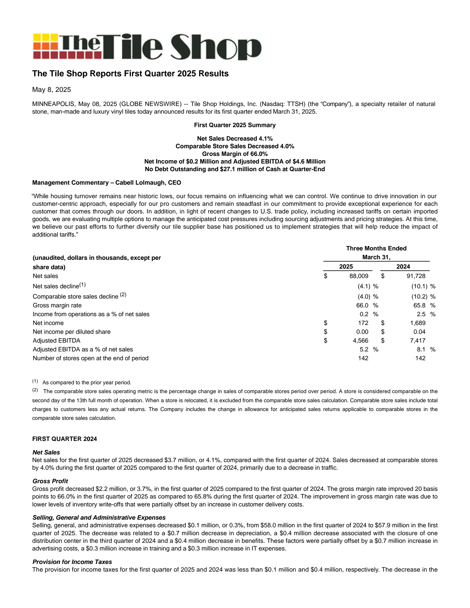 Tile Shop Hldgs (TTSH) Q1 2025 Earnings Results & Call Transcript