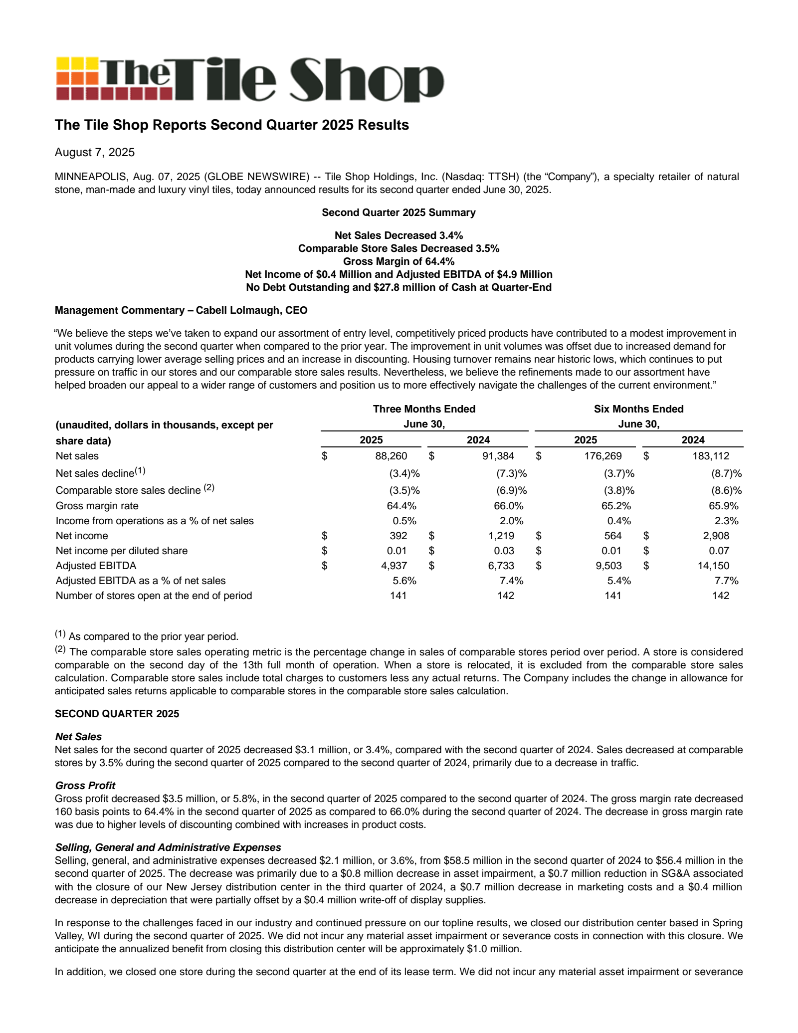 Tile Shop Hldgs' Q2 2025 Press Release
