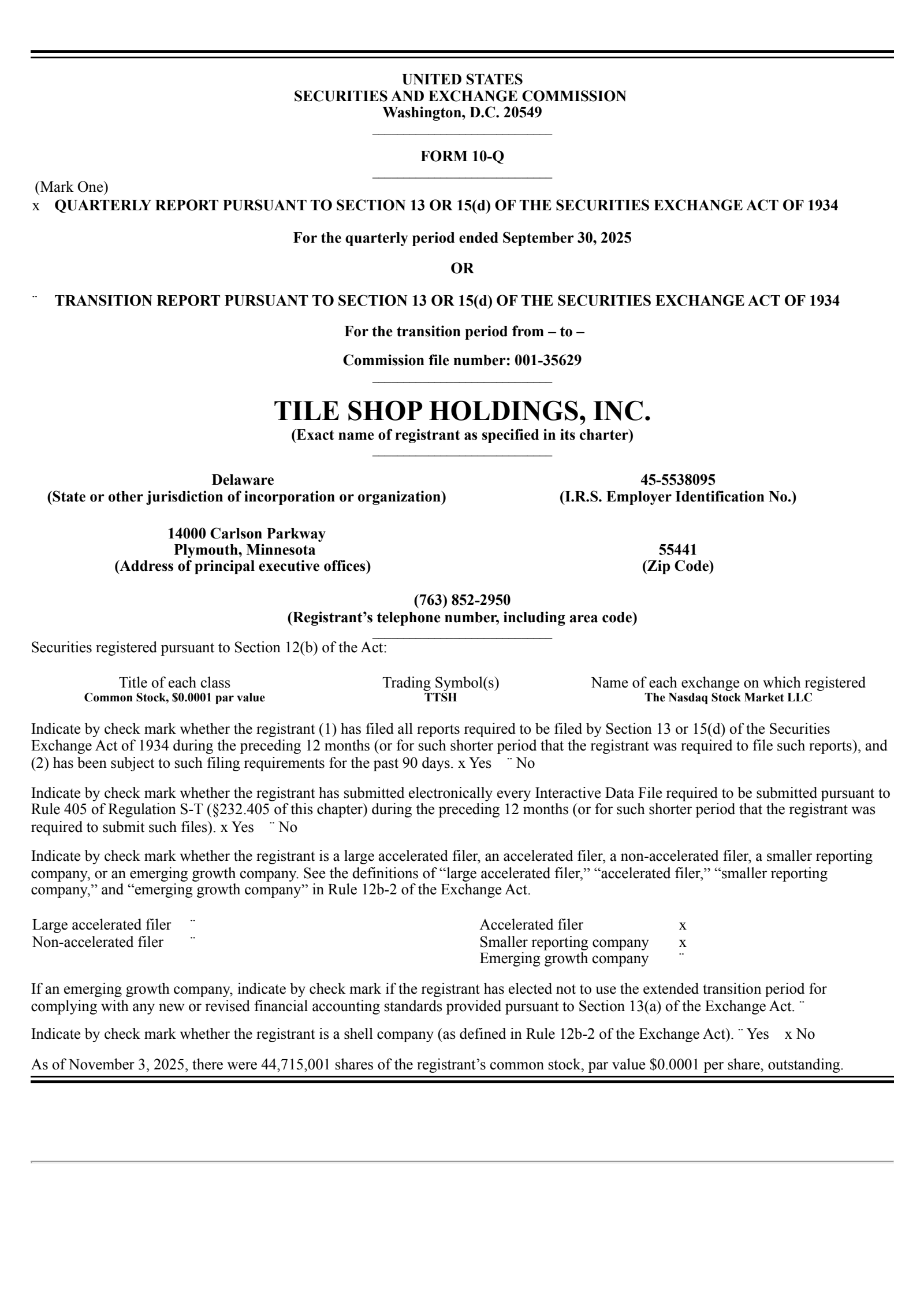 Tile Shop Hldgs' Q3 2025 Quarterly Report