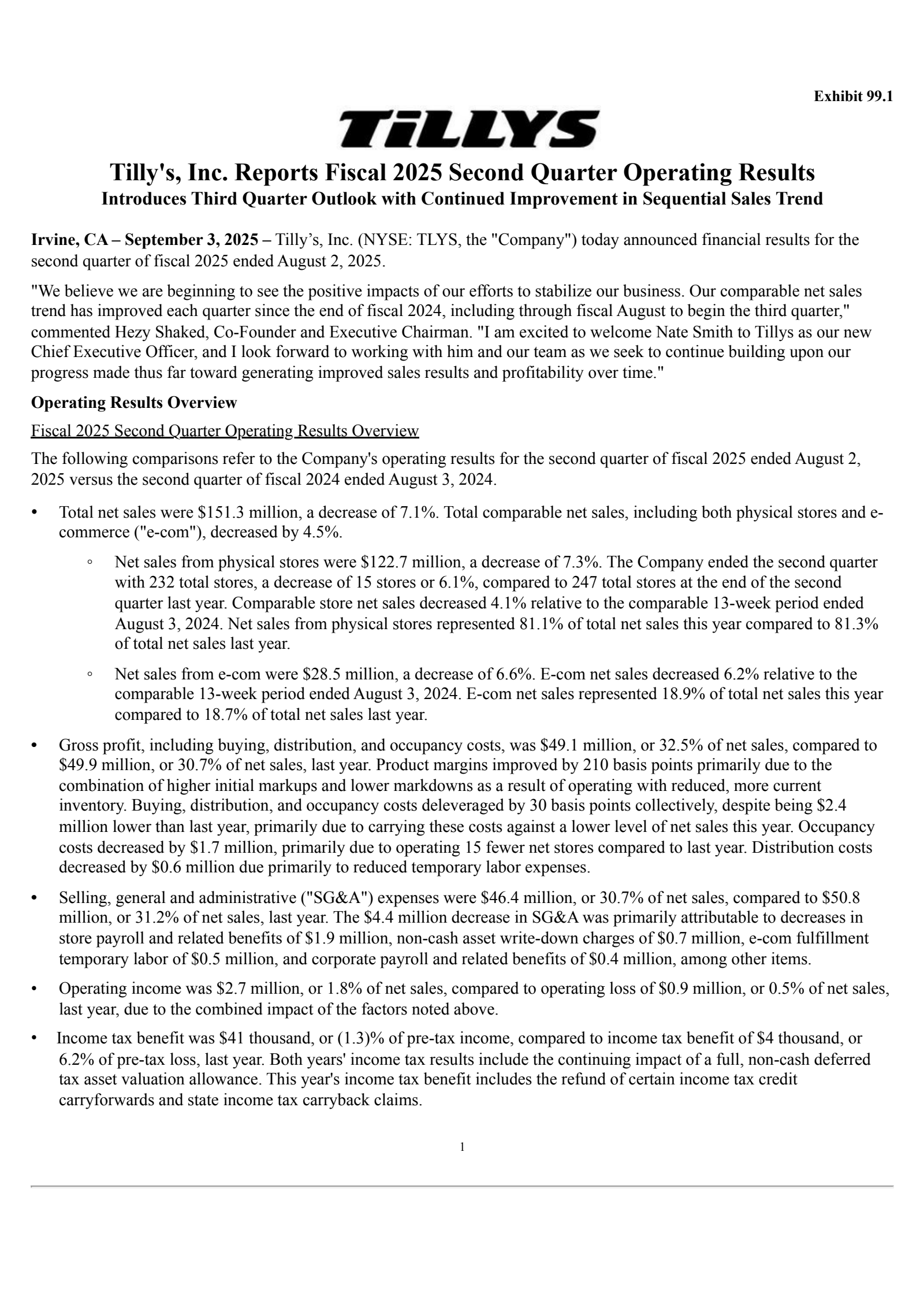 Tilly's' Q2 2026 Press Release
