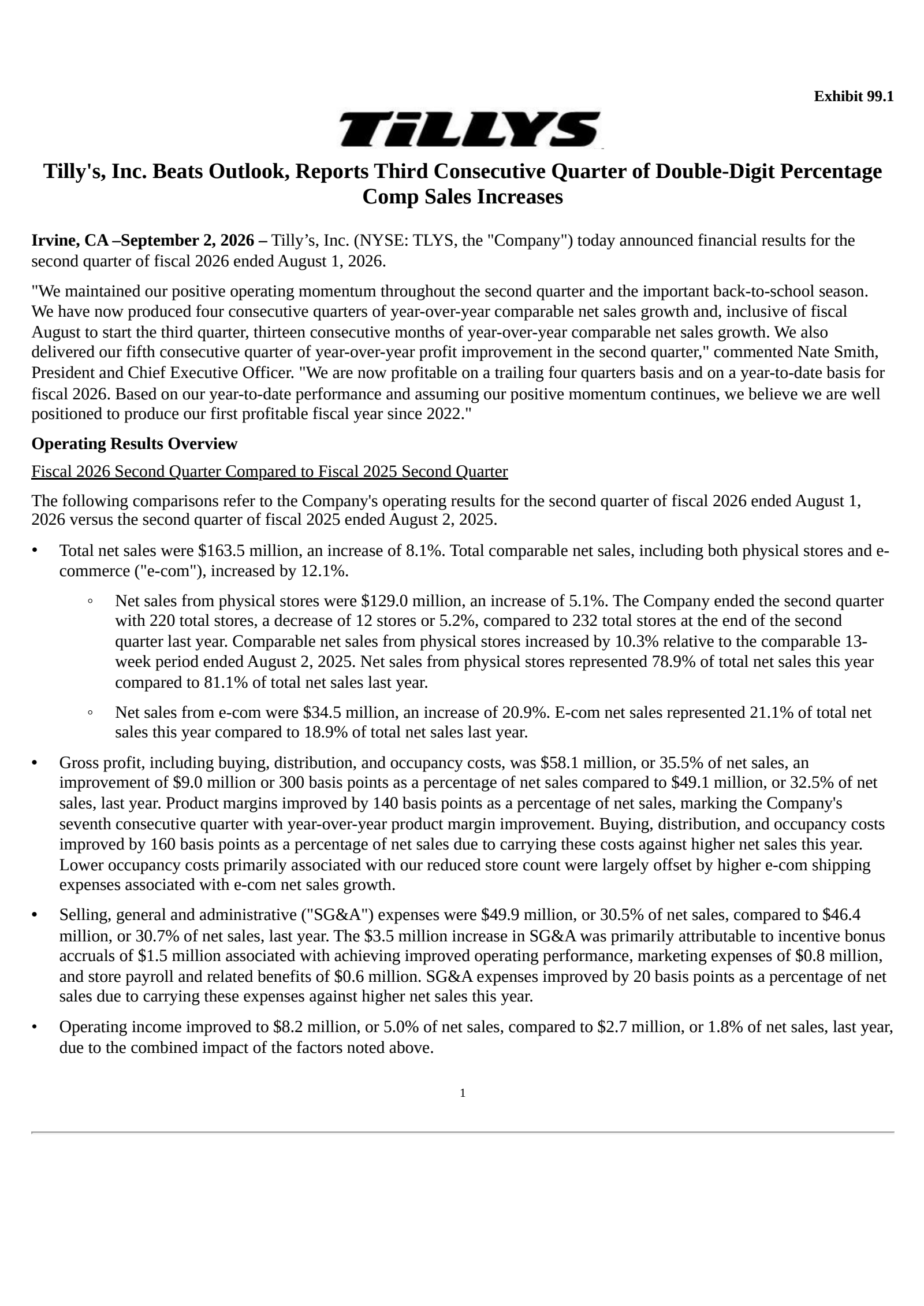 Tilly's' Q2 2027 Press Release