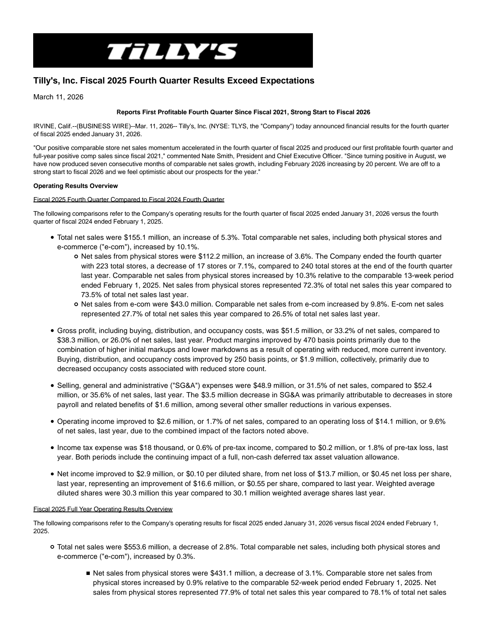 Tilly's' Q4 2026 Press Release