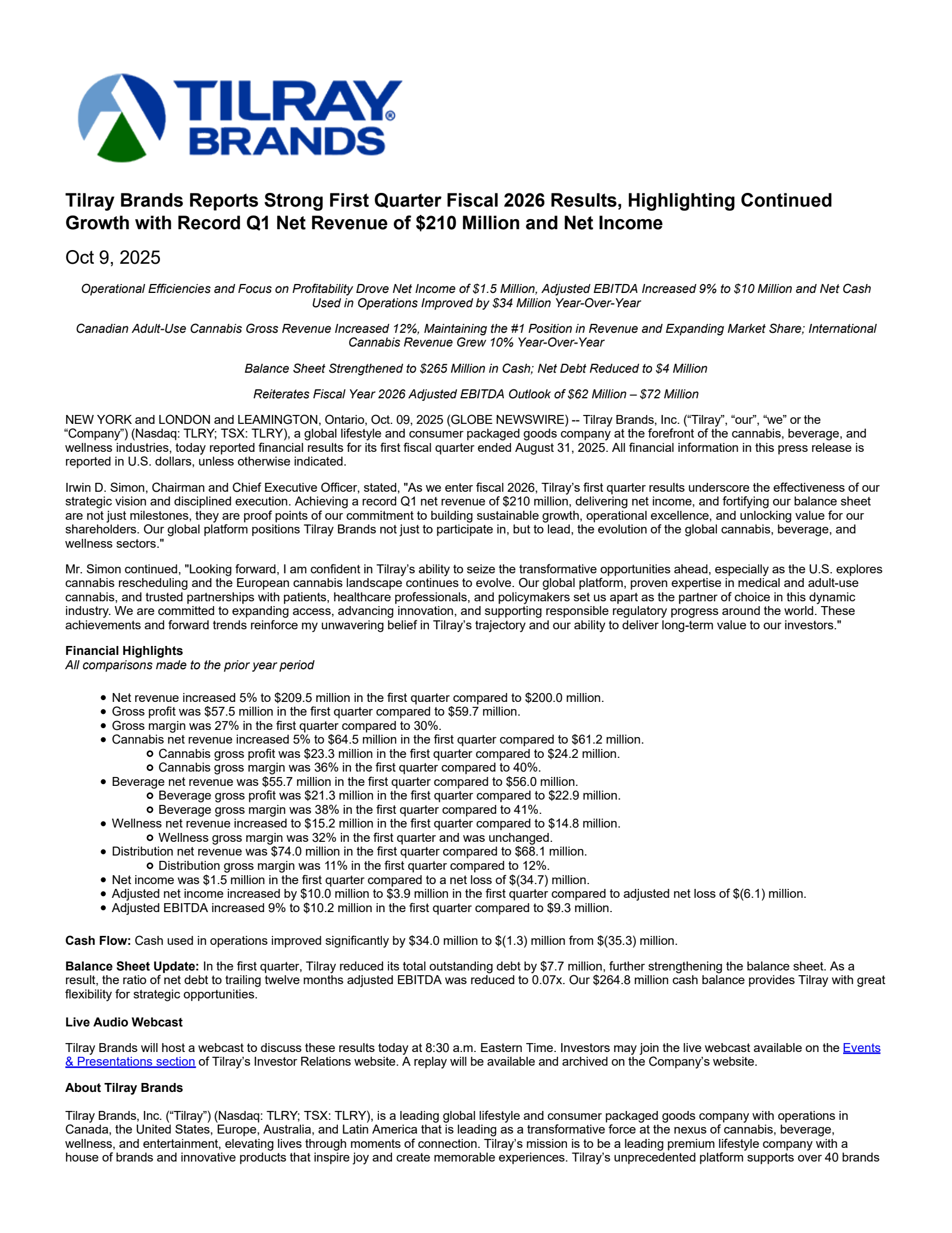 Tilray Brands' Q1 2026 Earnings Release