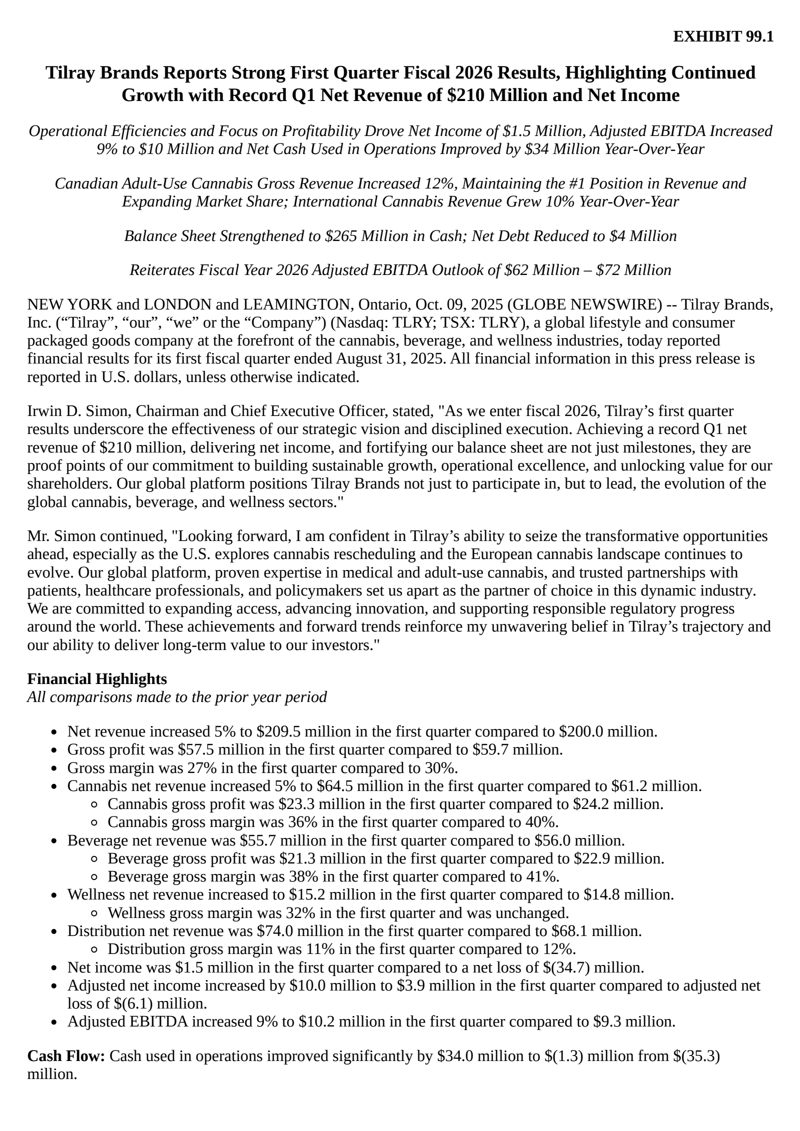 Tilray Brands' Q1 2026 Earnings Release