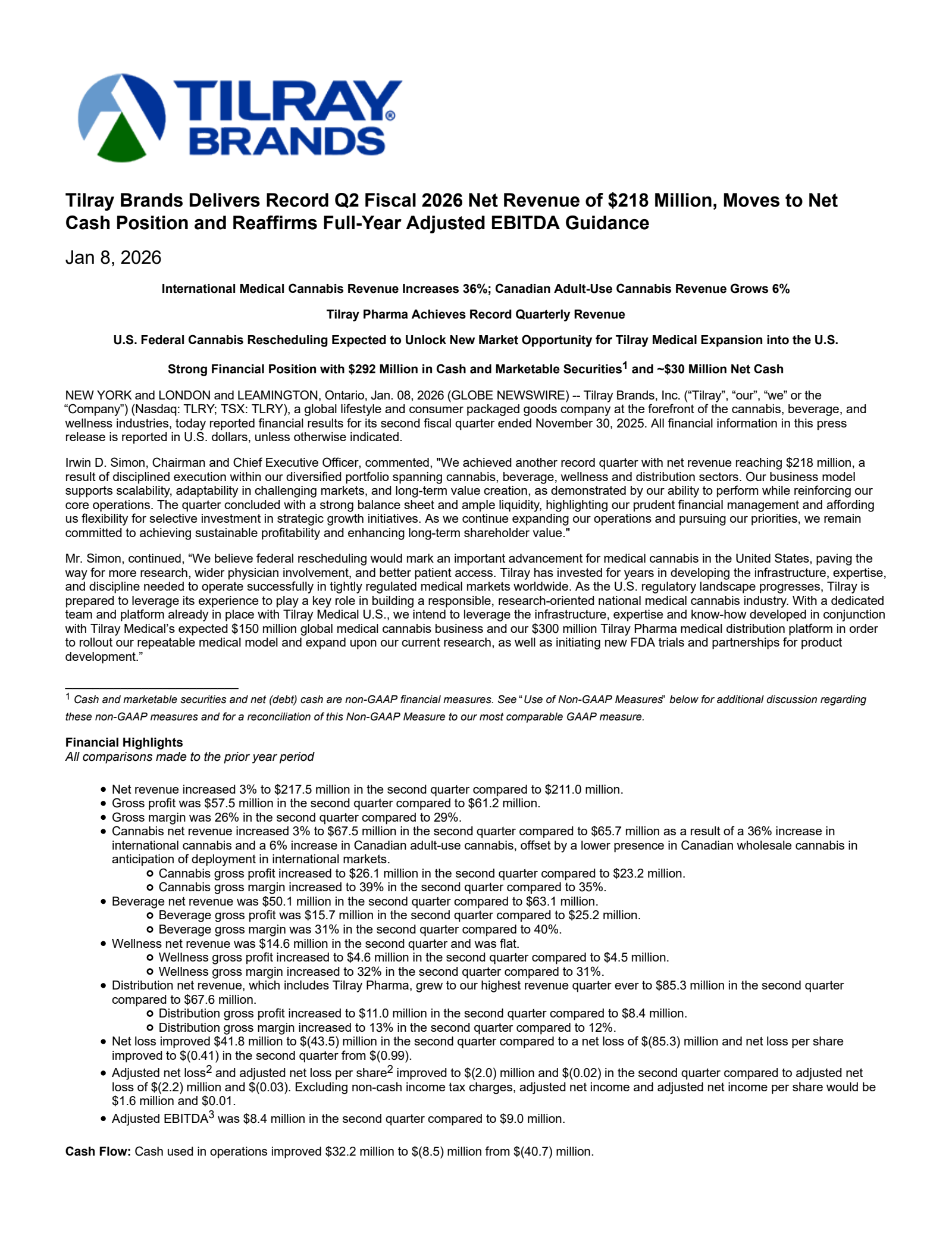 Tilray Brands' Q2 2026 Earnings Release
