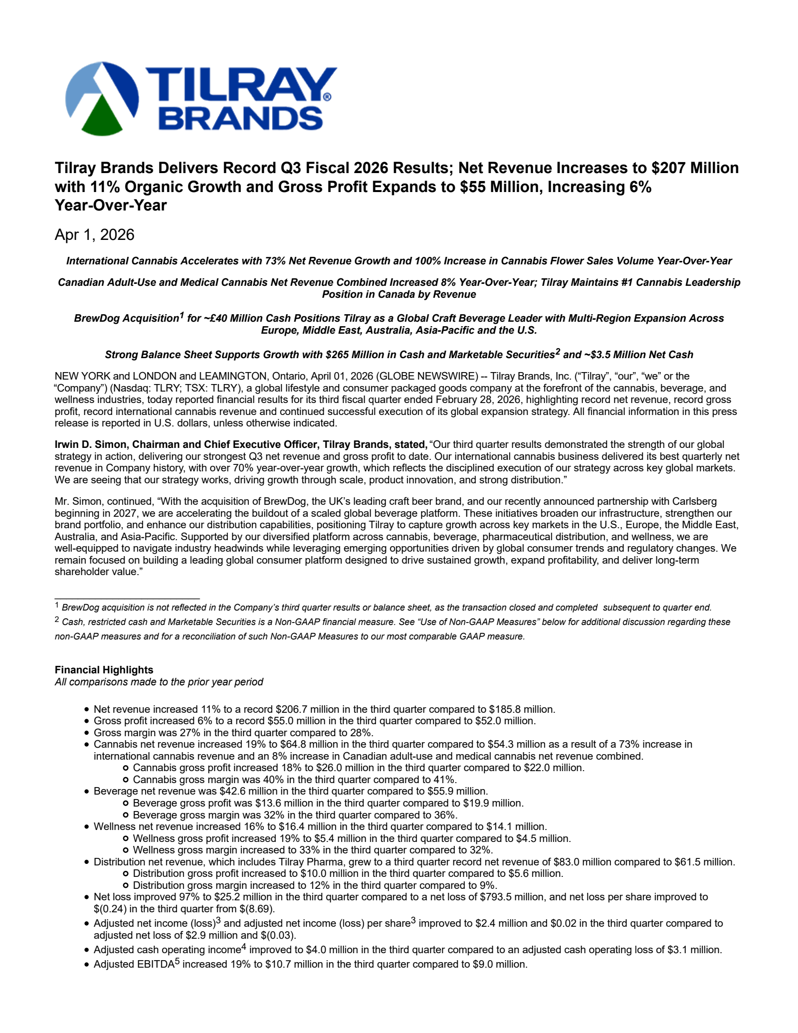 Tilray Brands' Q3 2026 Press Release