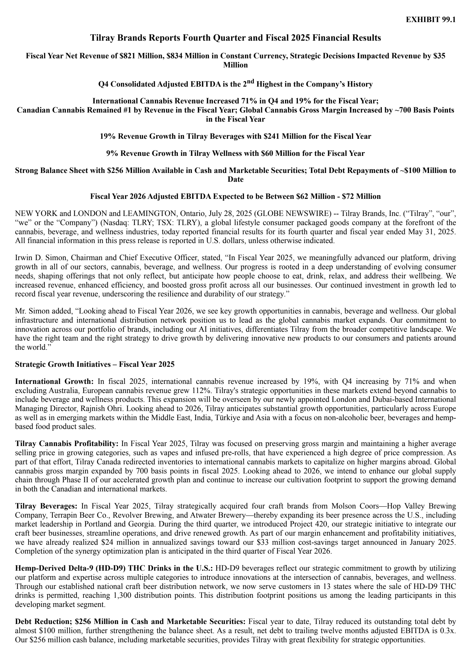 Tilray Brands' Q4 2025 Press Release