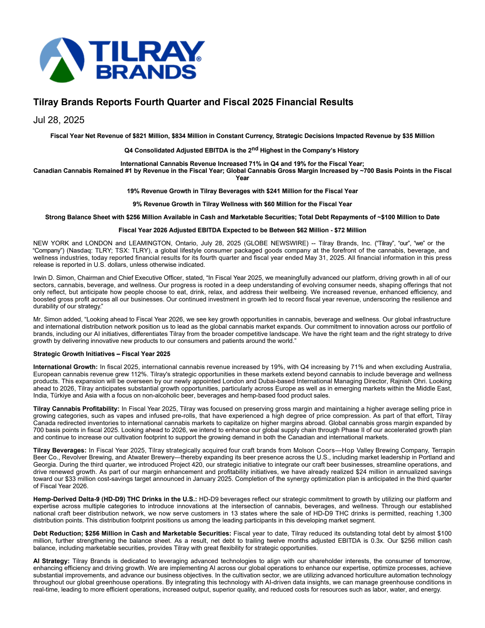 Tilray Brands' Q4 2025 Earnings Release