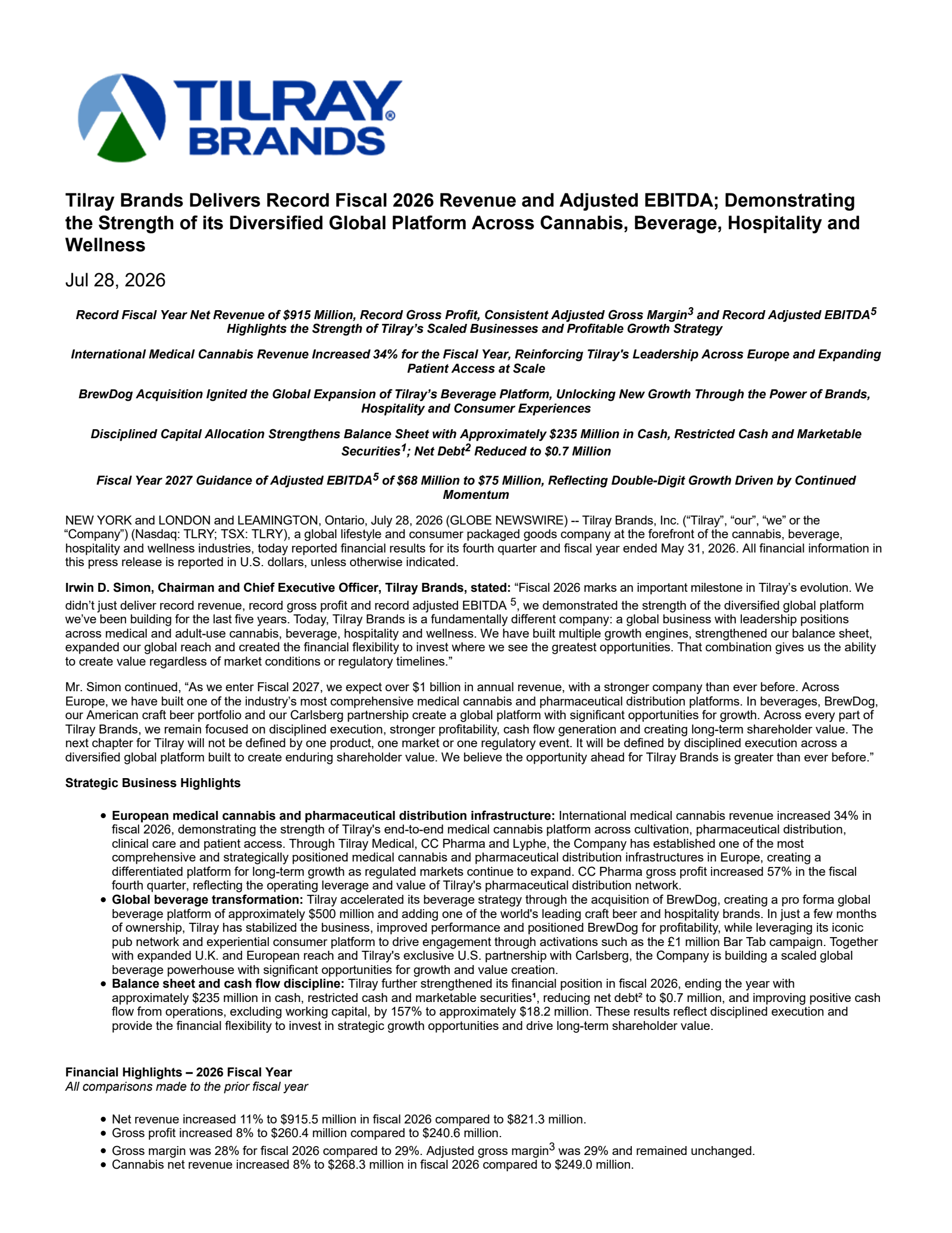 Tilray Brands' Q4 2026 Press Release