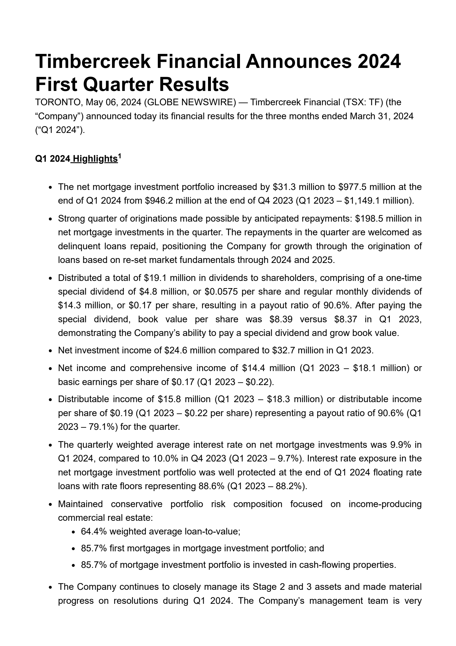 Timbercreek Financial's Q1 2024 Press Release