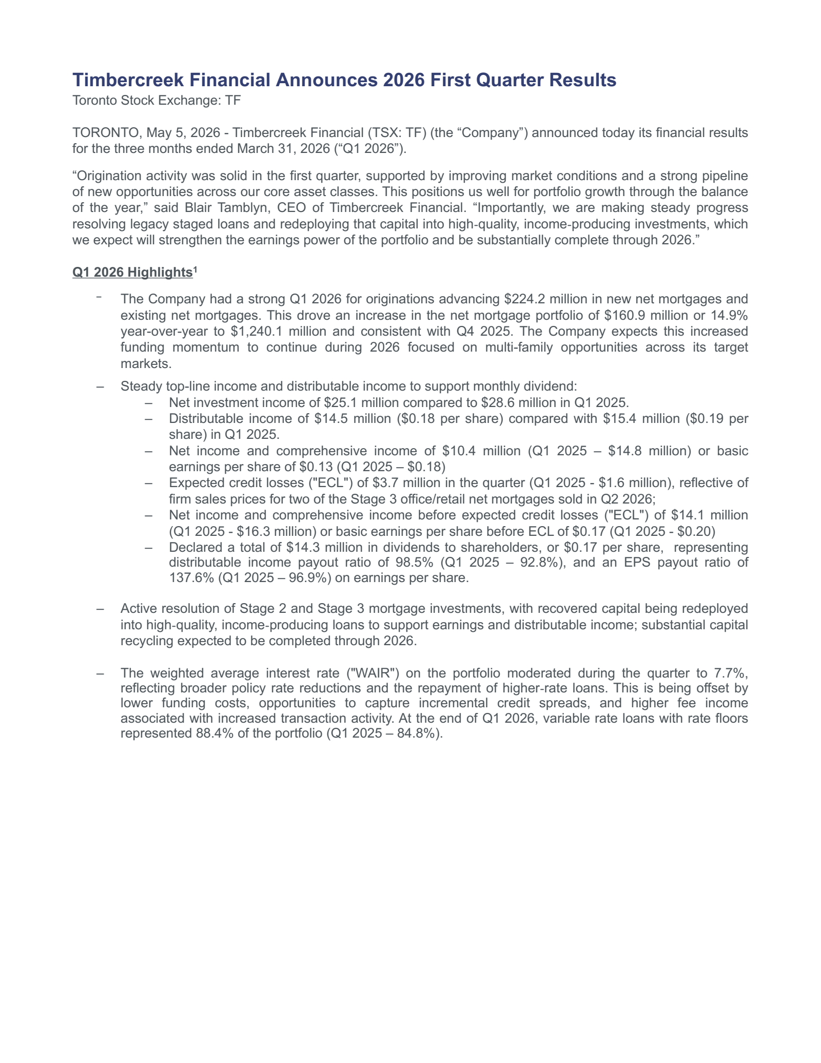 Timbercreek Financial's Q1 2026 Press Release