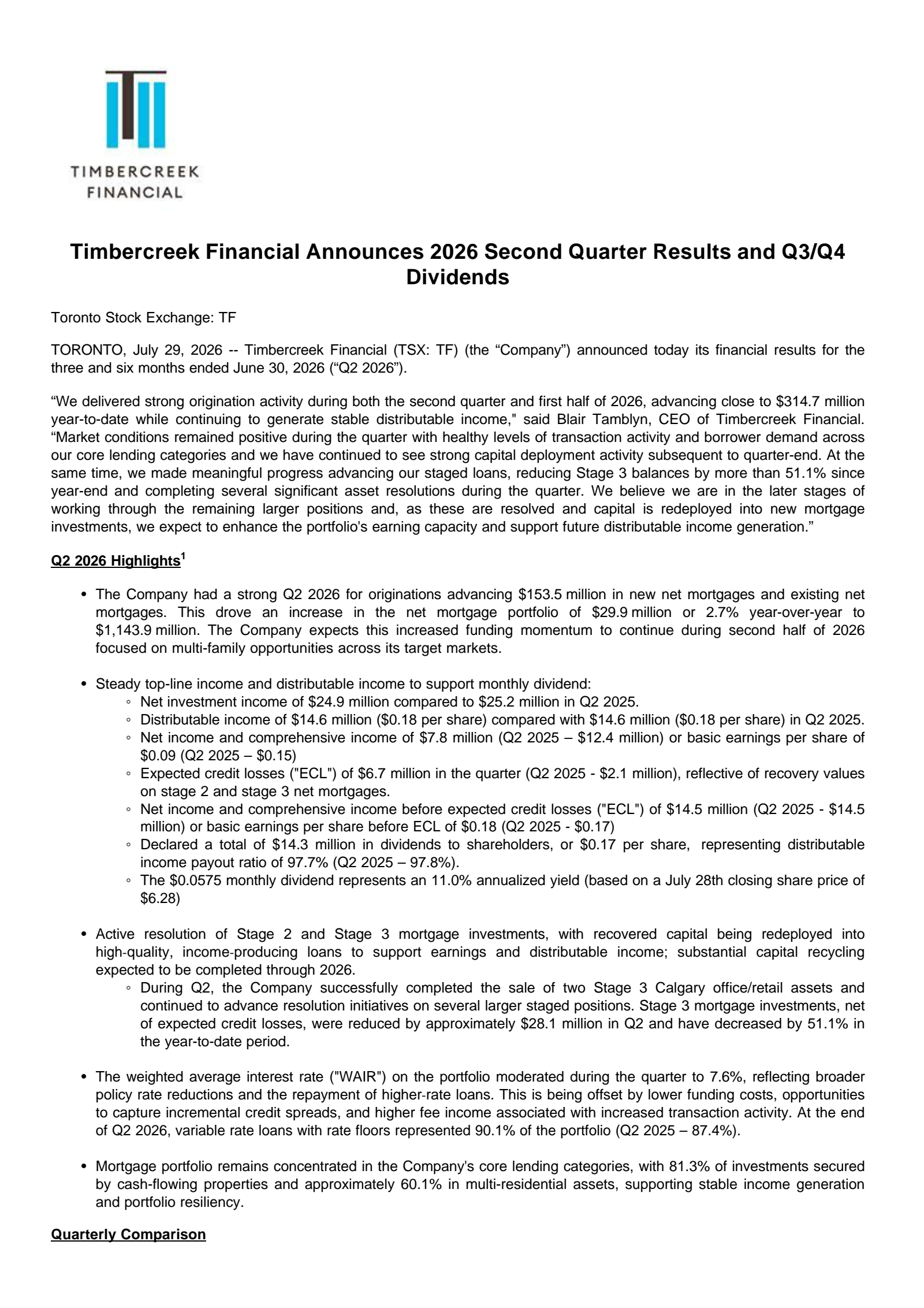 Timbercreek Financial's Q2 2026 Press Release