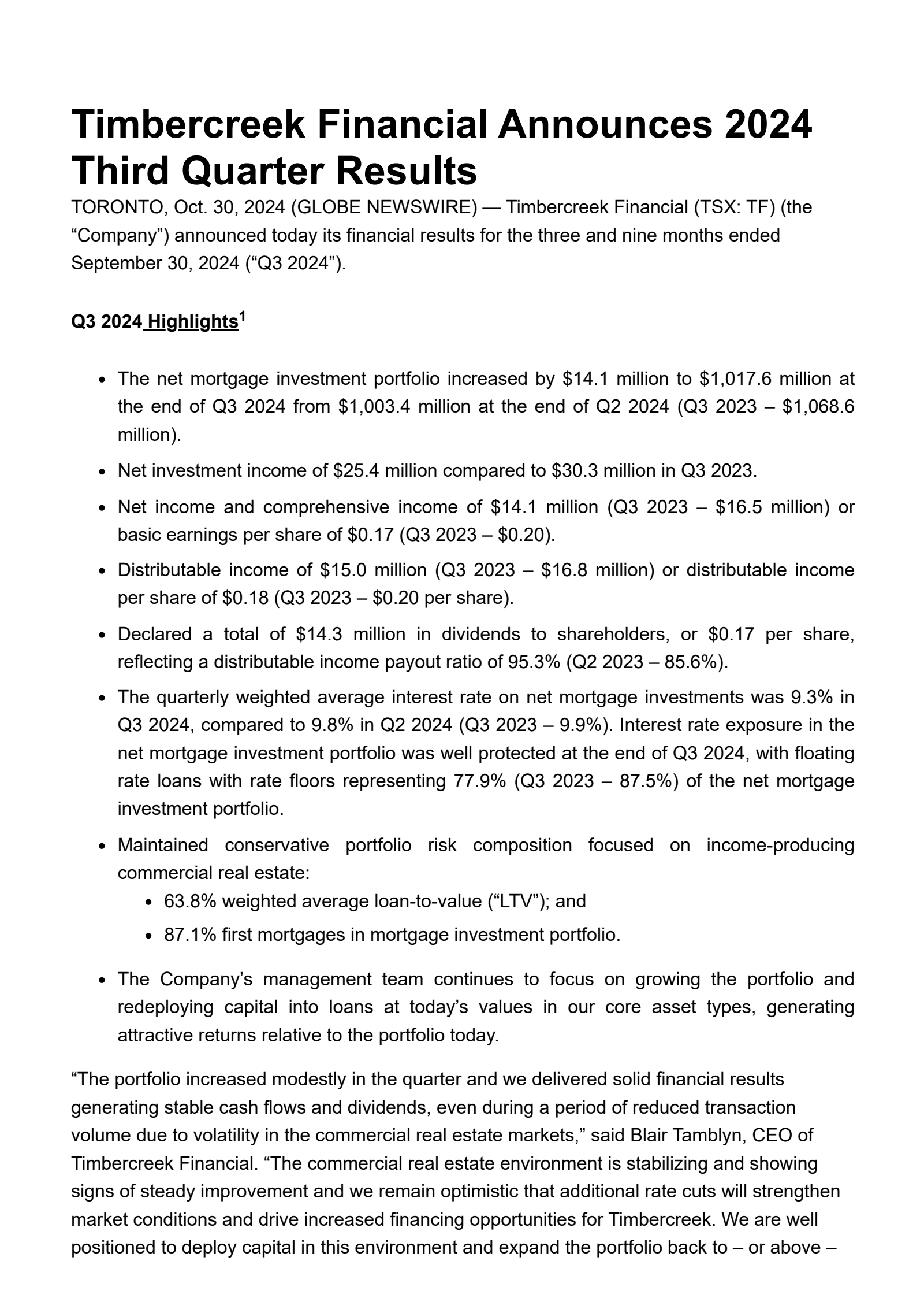 Timbercreek Financial's Q3 2024 Press Release