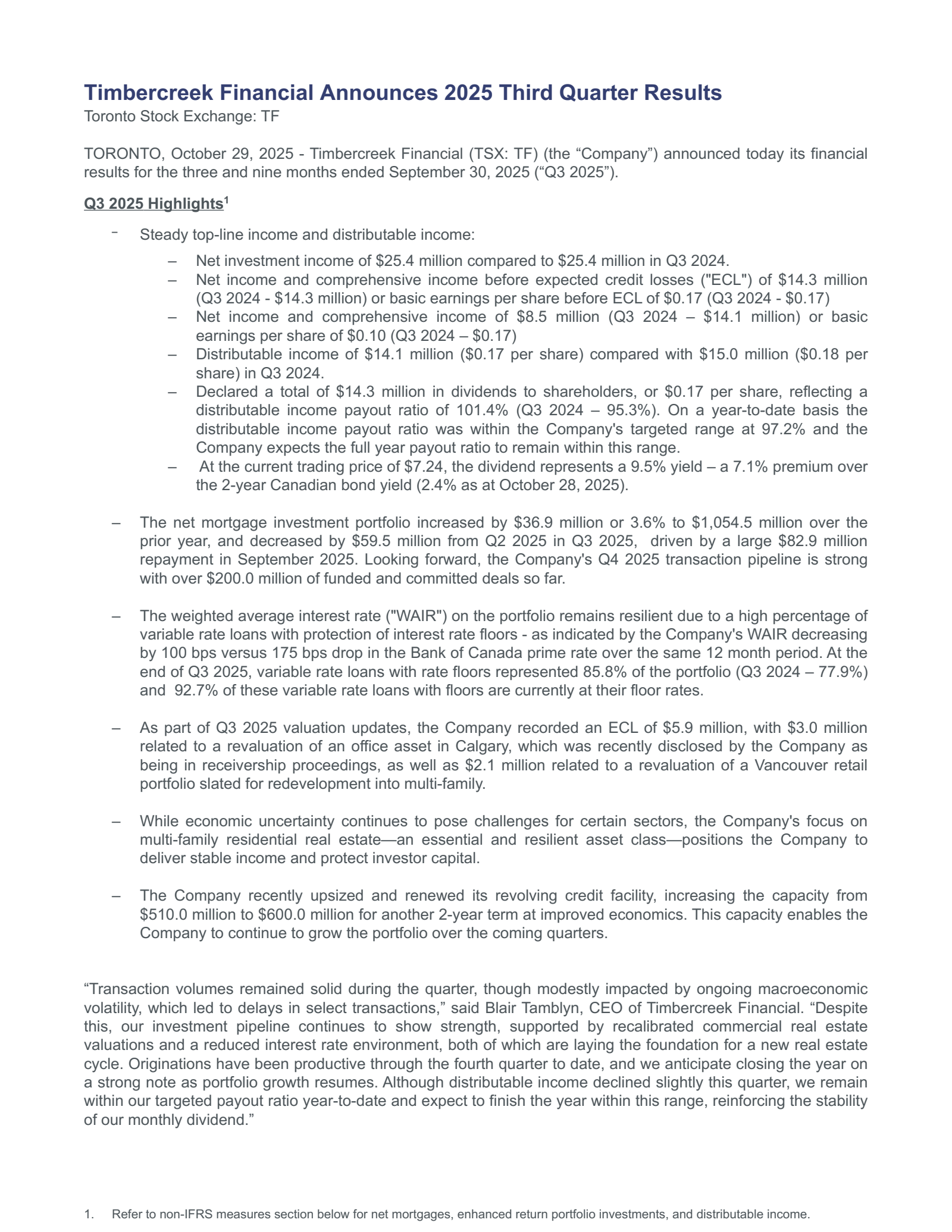 Timbercreek Financial's Q3 2025 Earnings Release