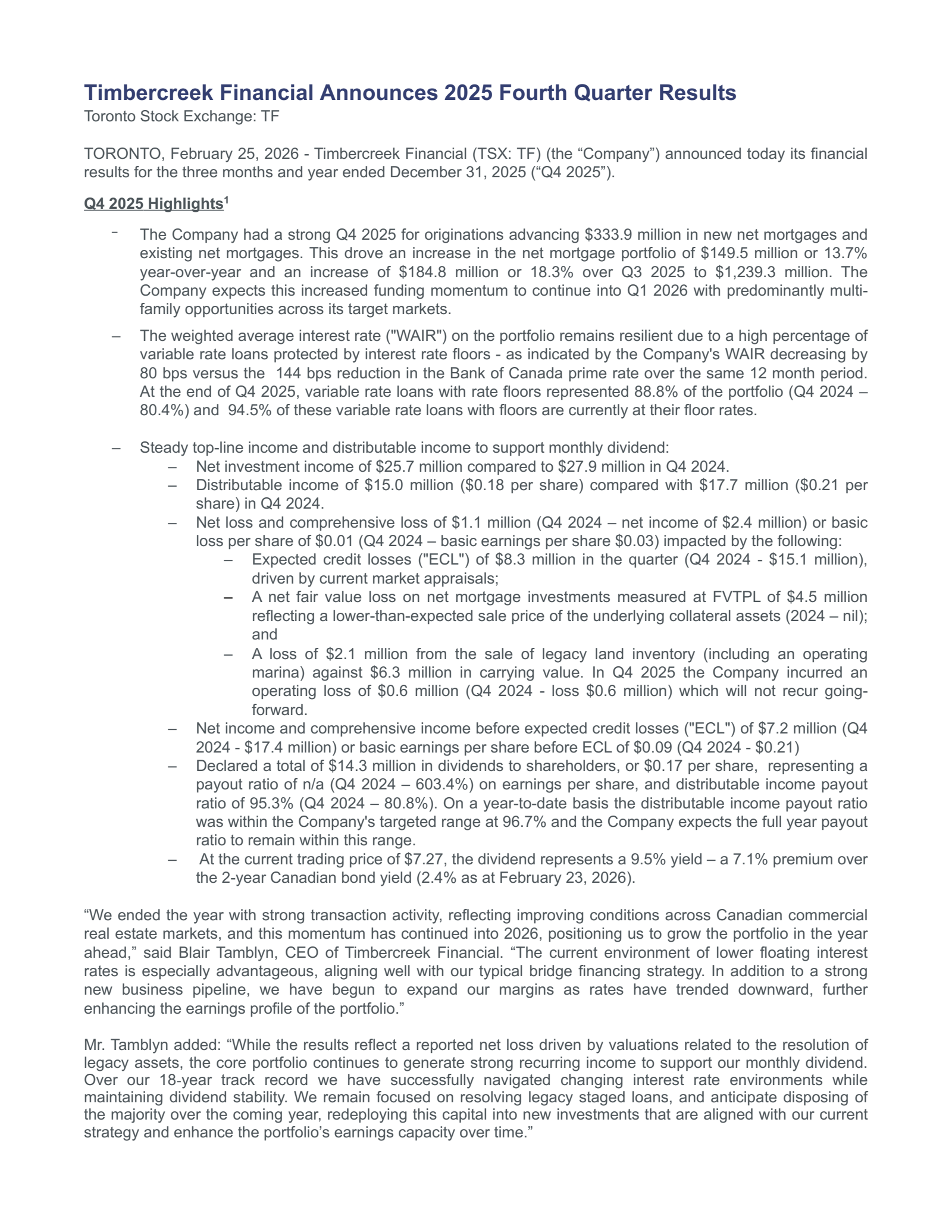 Timbercreek Financial's Q4 2025 Press Release