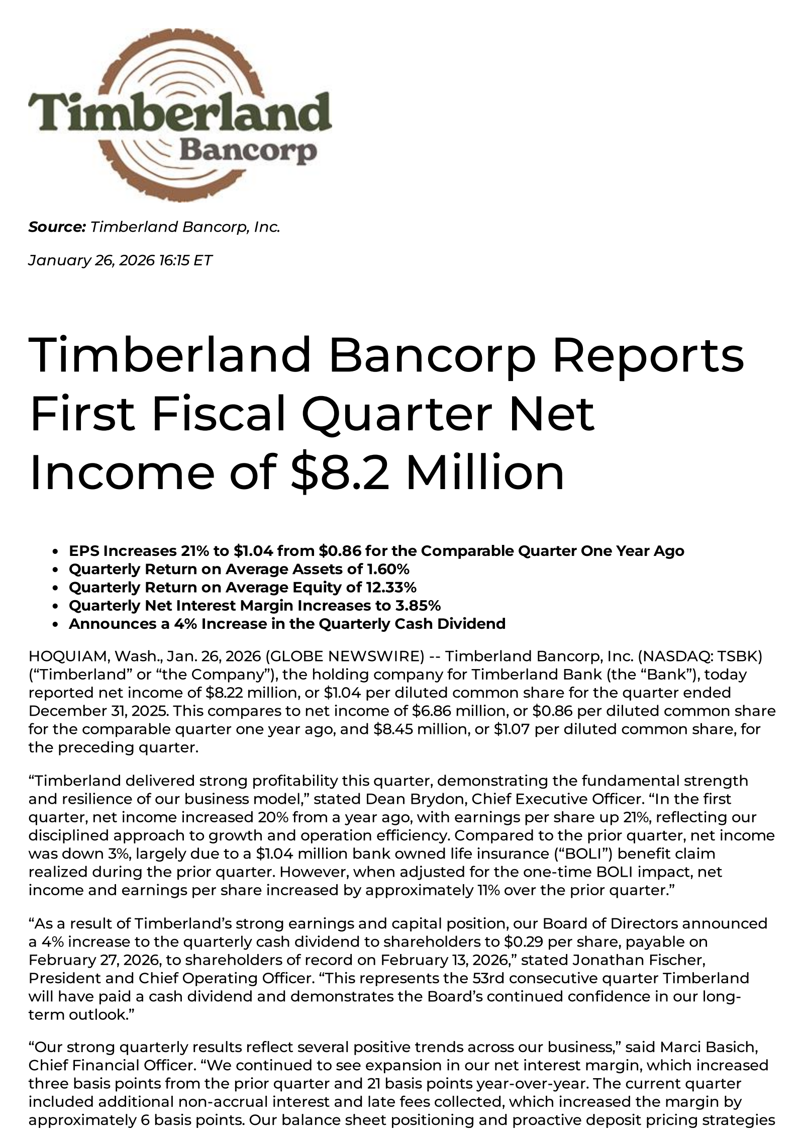 Timberland Bancorp's Q1 2026 Press Release