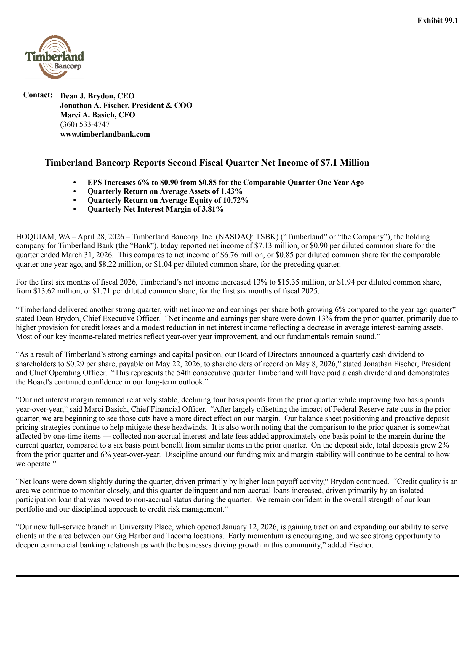Timberland Bancorp's Q2 2026 Press Release