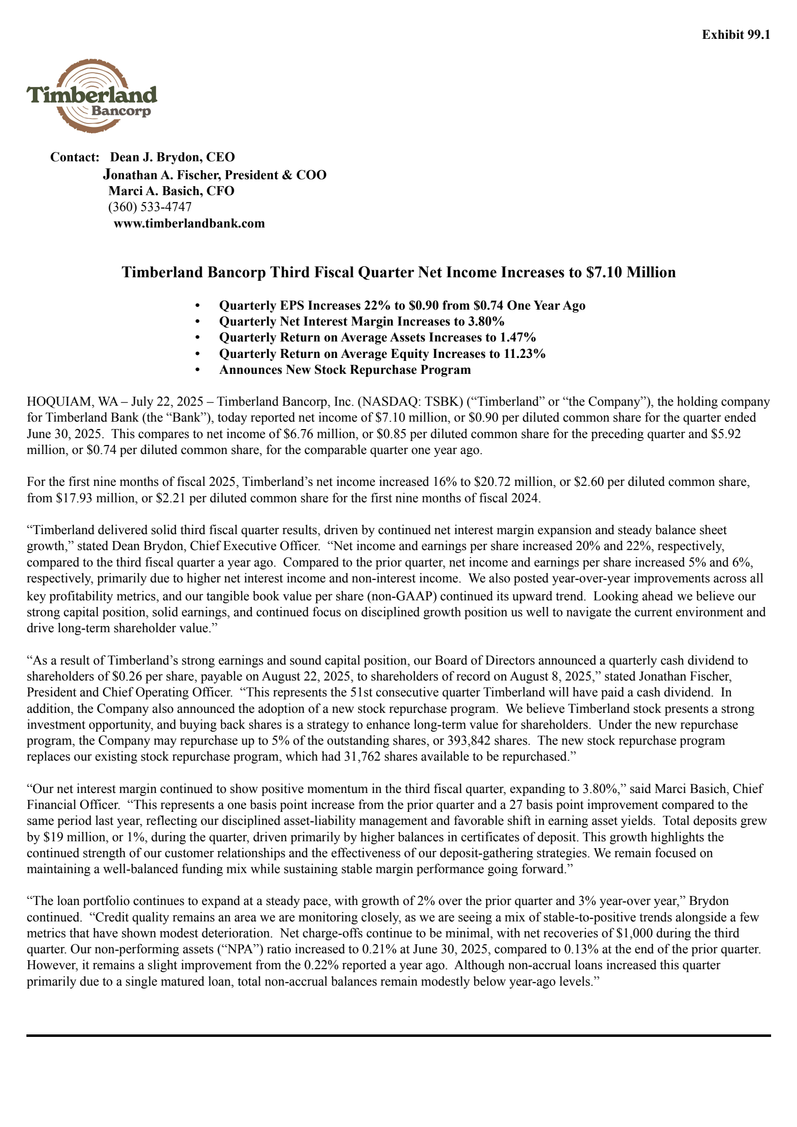 Timberland Bancorp's Q3 2025 Press Release