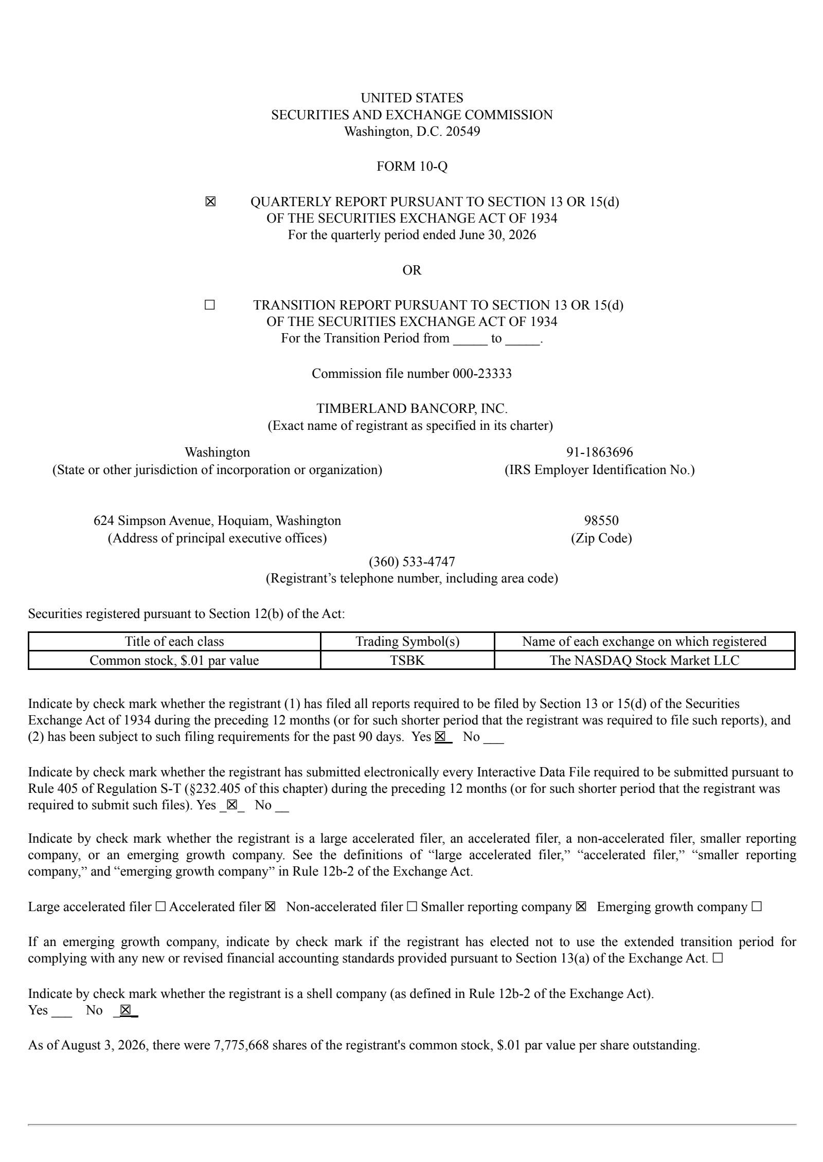 Timberland Bancorp's Q3 2026 Quarterly report