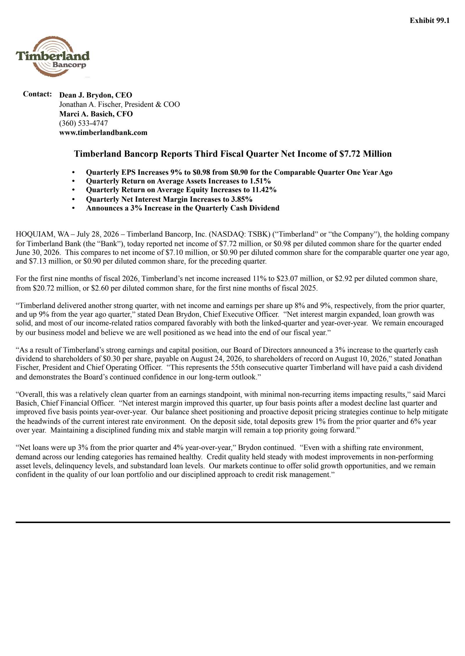 Timberland Bancorp's Q3 2026 Press Release