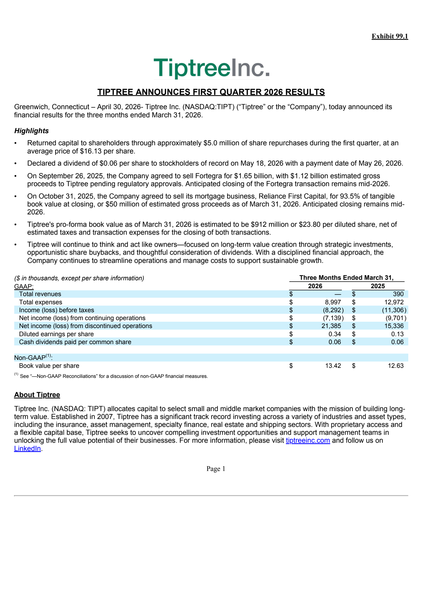 Tiptree Financial's Q1 2026 Press Release