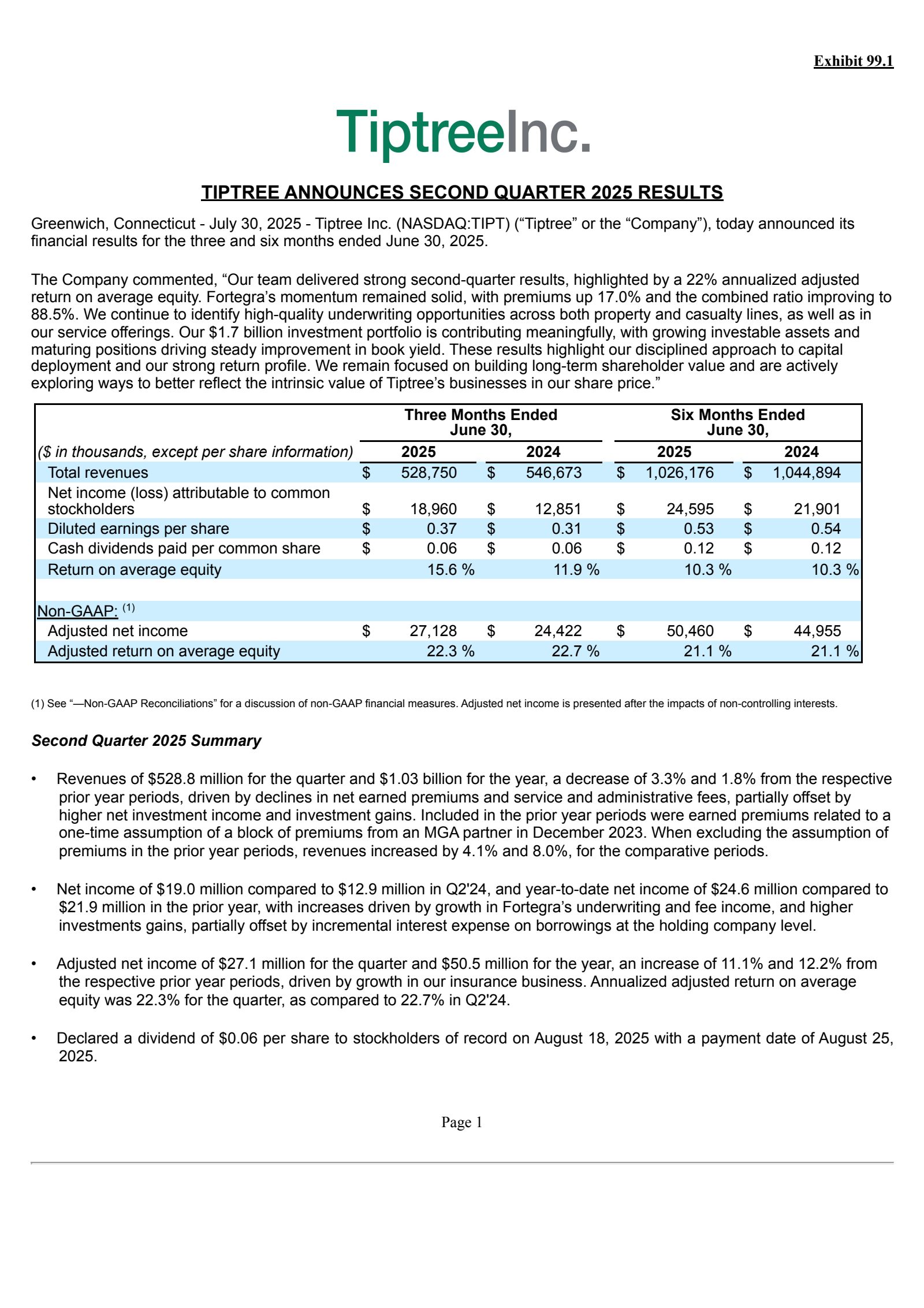 Tiptree Financial's Q2 2025 Press Release