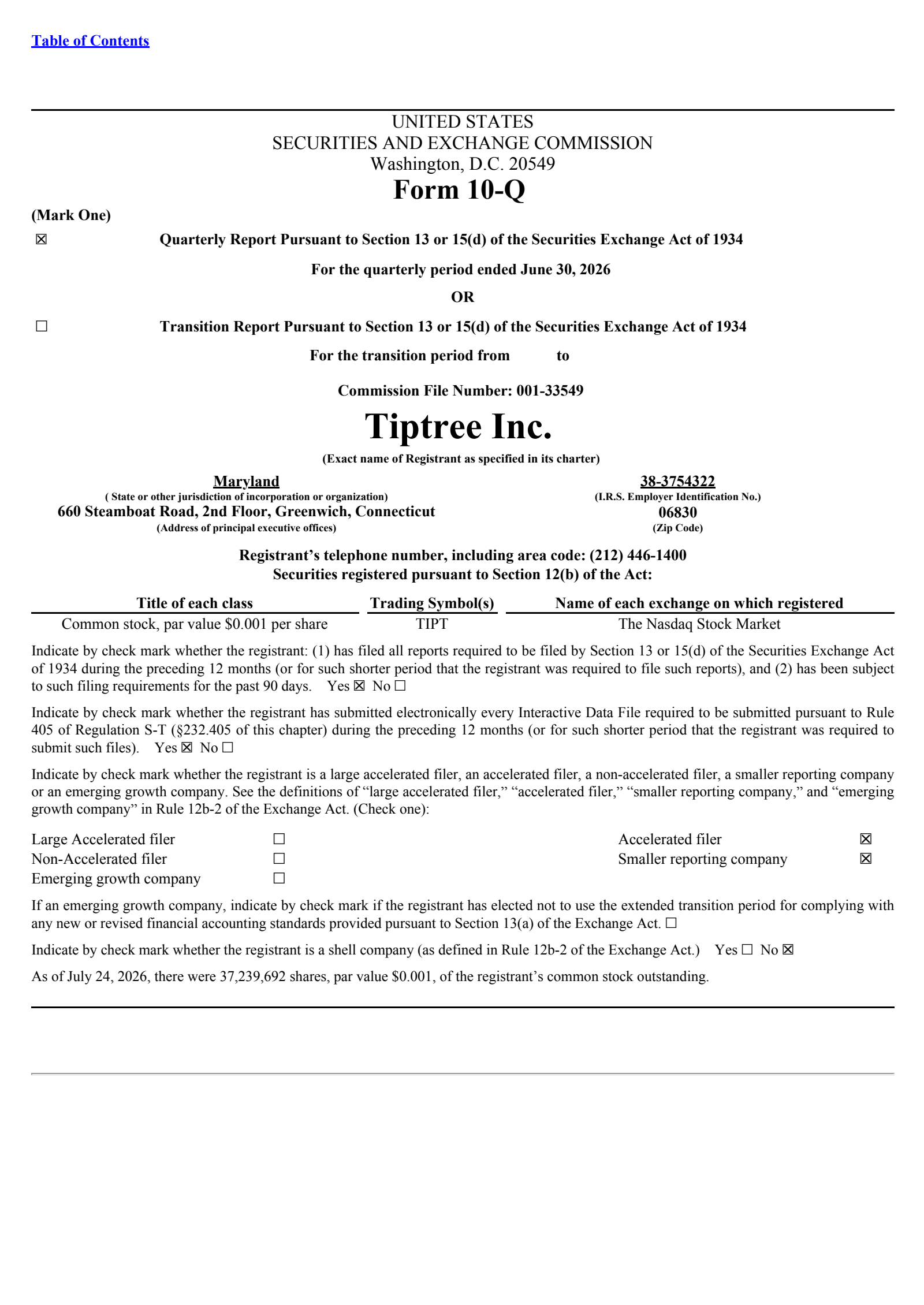 Tiptree Financial's Q2 2026 Quarterly report