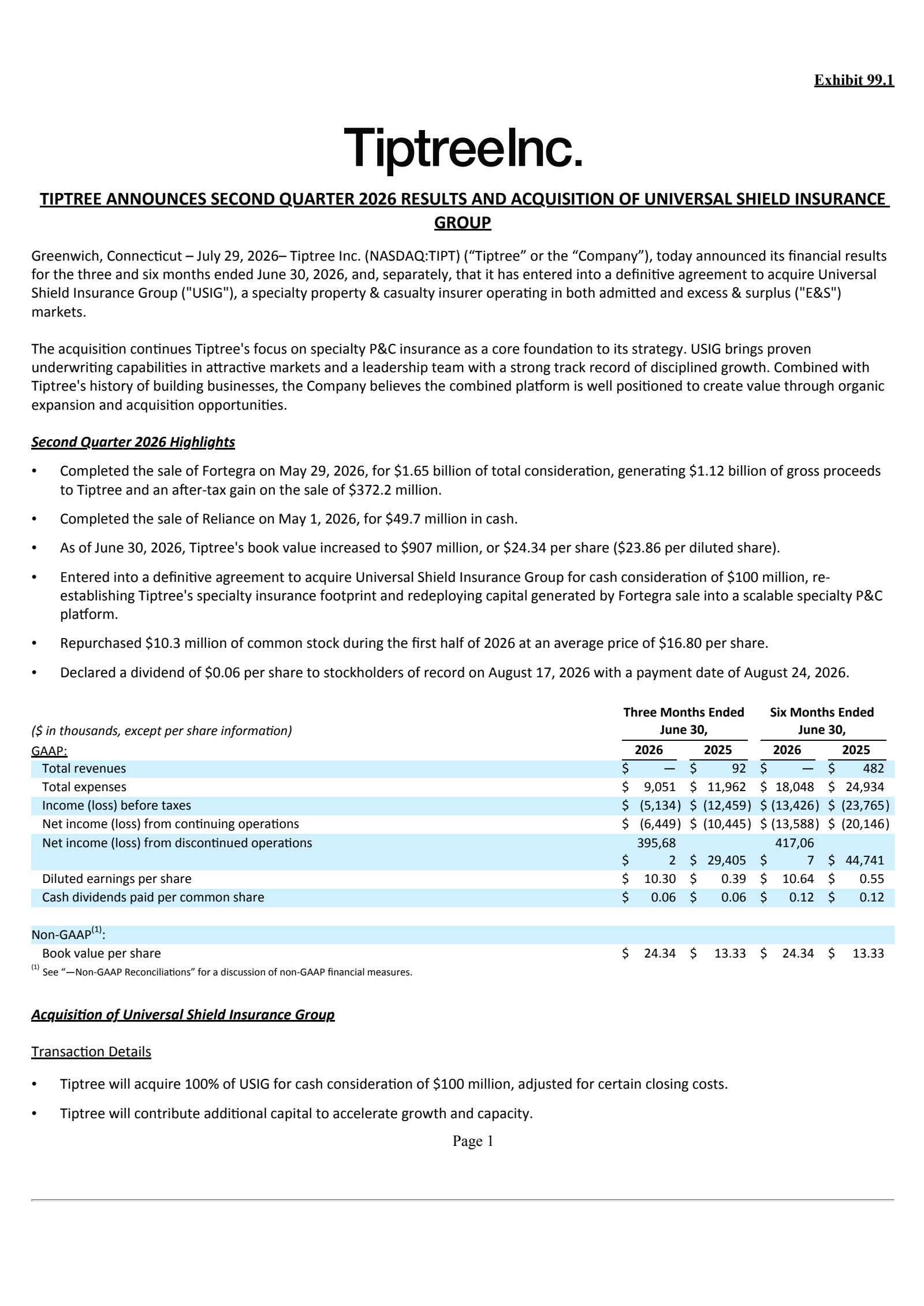 Tiptree Financial's Q2 2026 Press Release