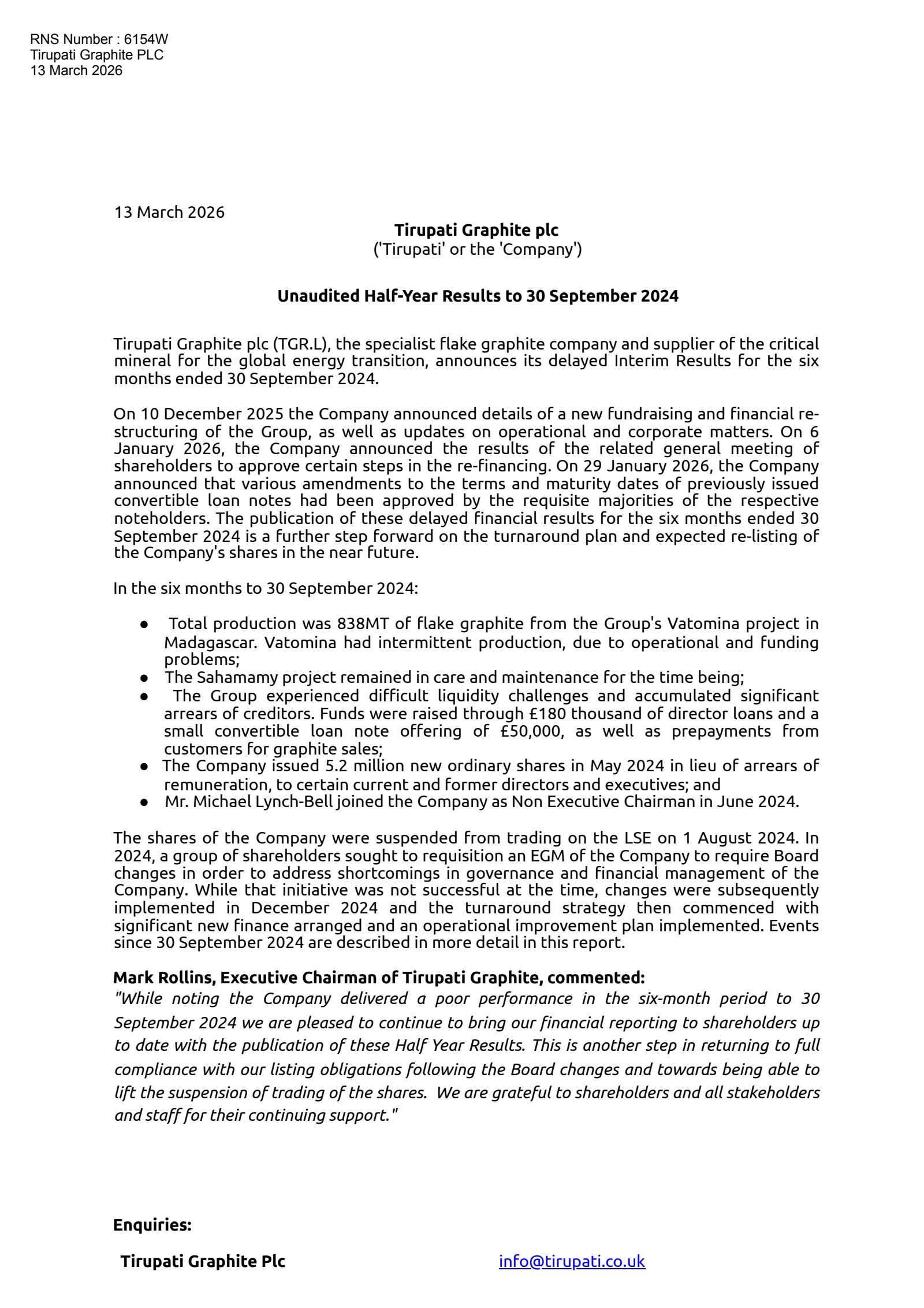 Tirupati Graphite's H1 2025 Interim report