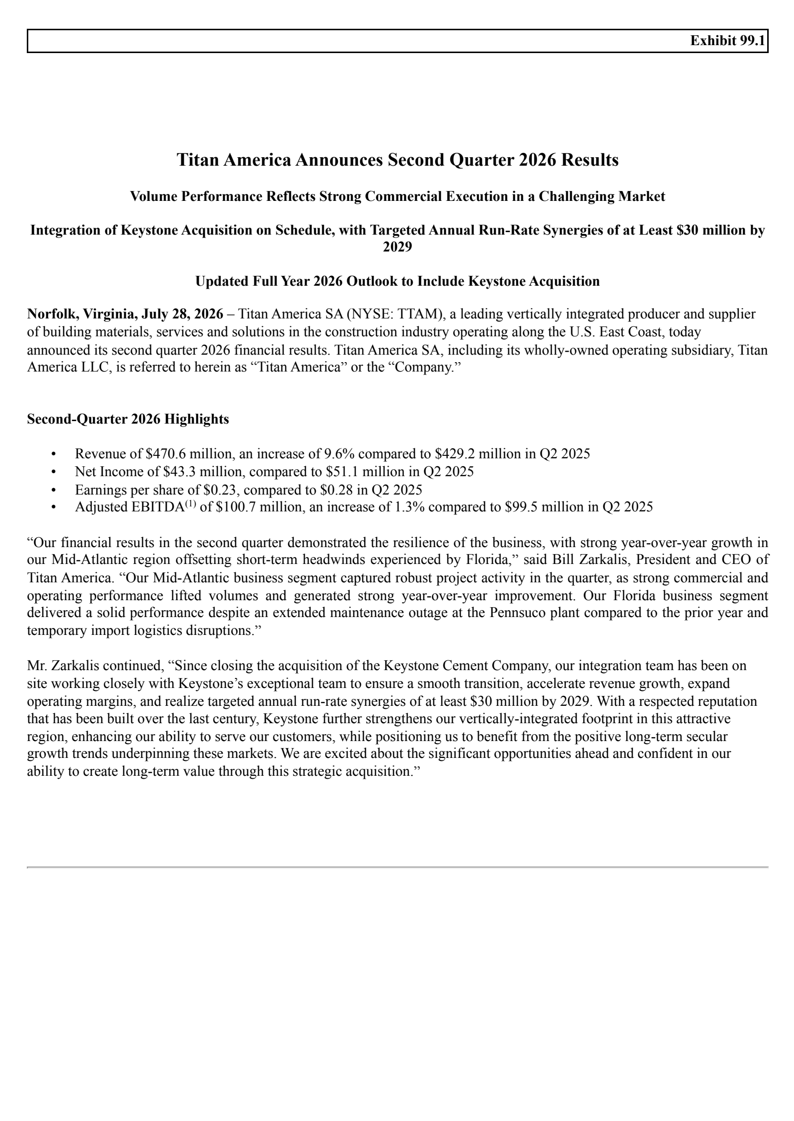 Titan America's Q2 2026 Press Release
