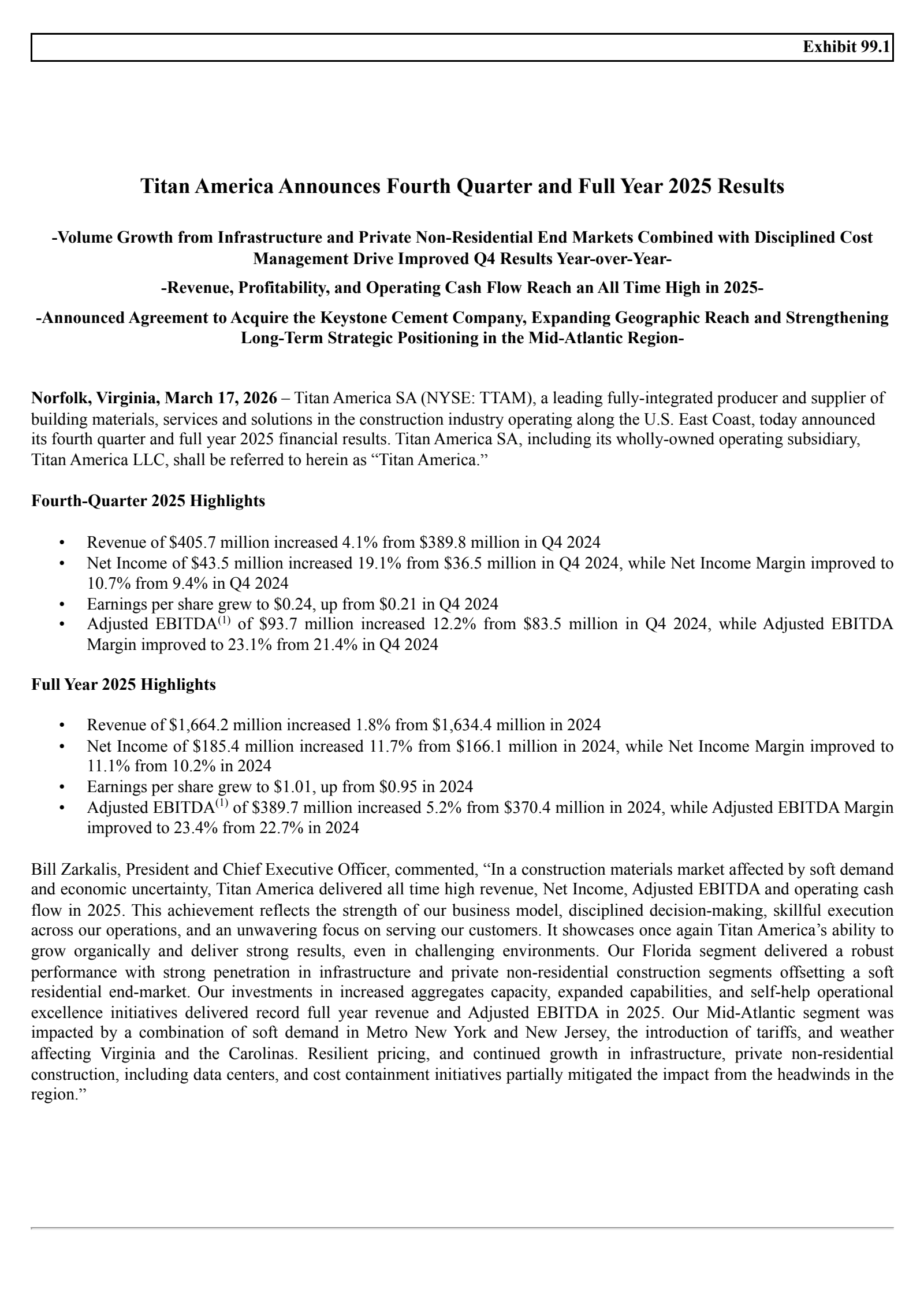 Titan America's Q4 2025 Press Release