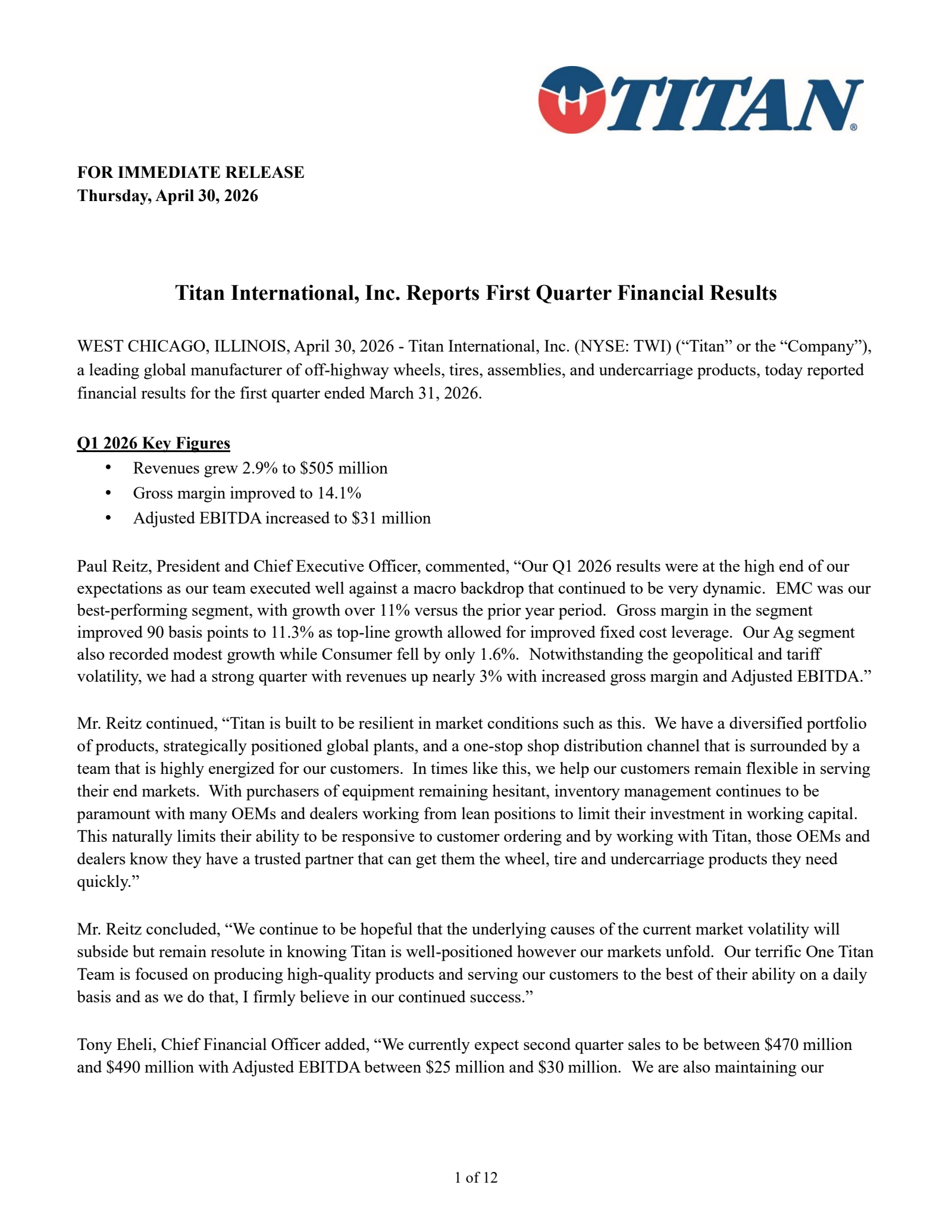 Titan International's Q1 2026 Press Release