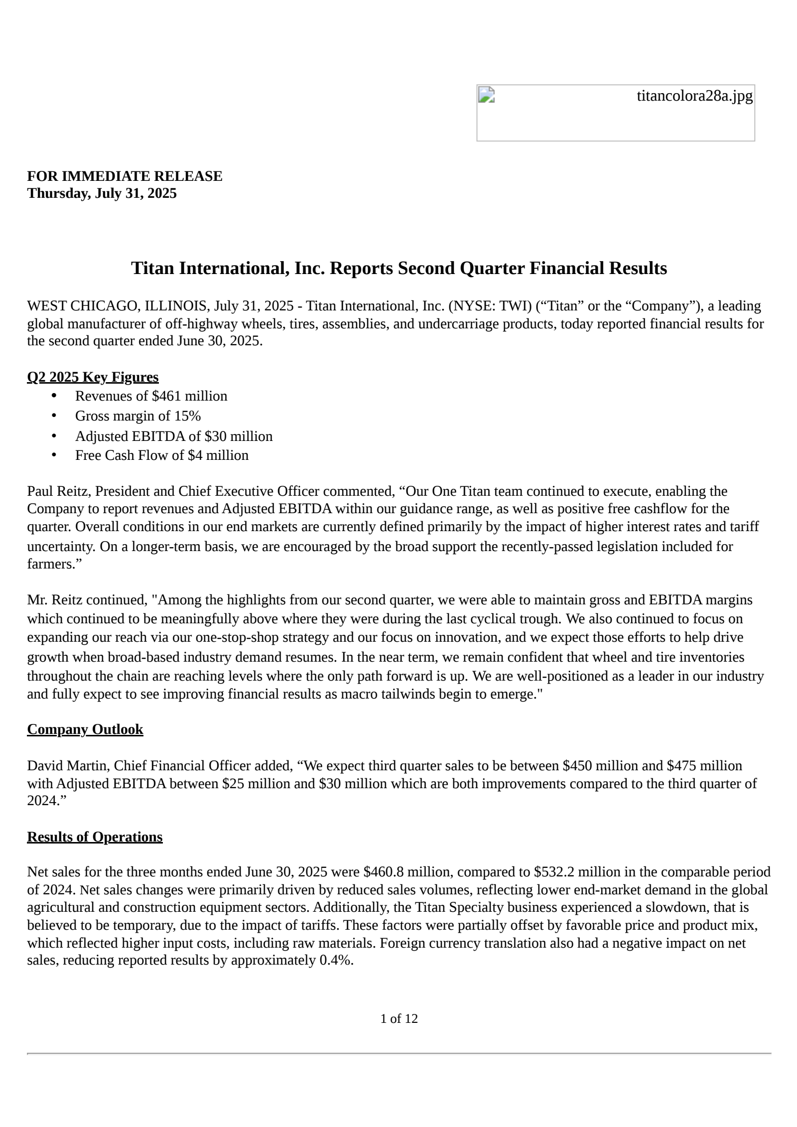 Titan International's Q2 2025 Press Release