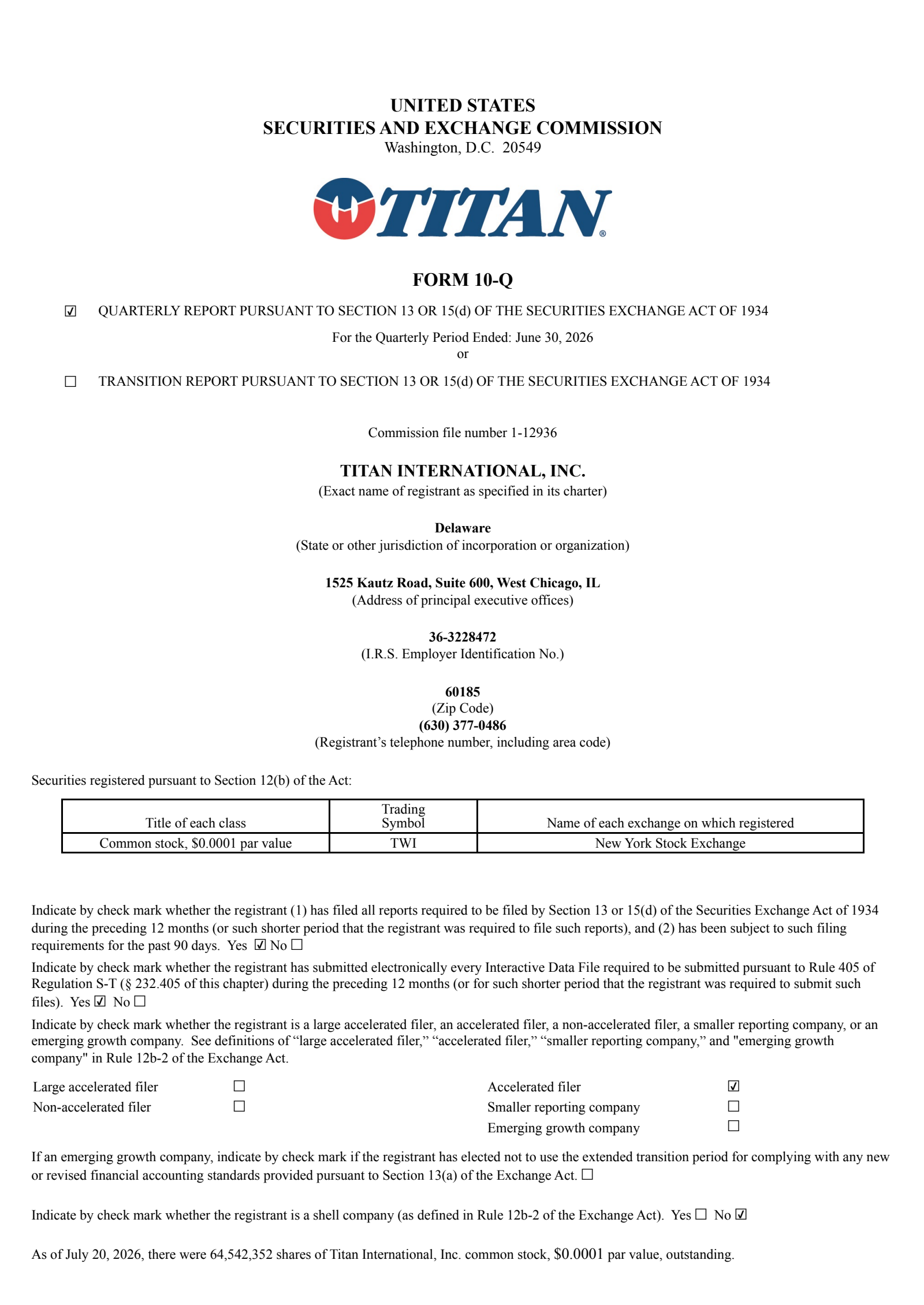 Titan International's Q2 2026 Quarterly report