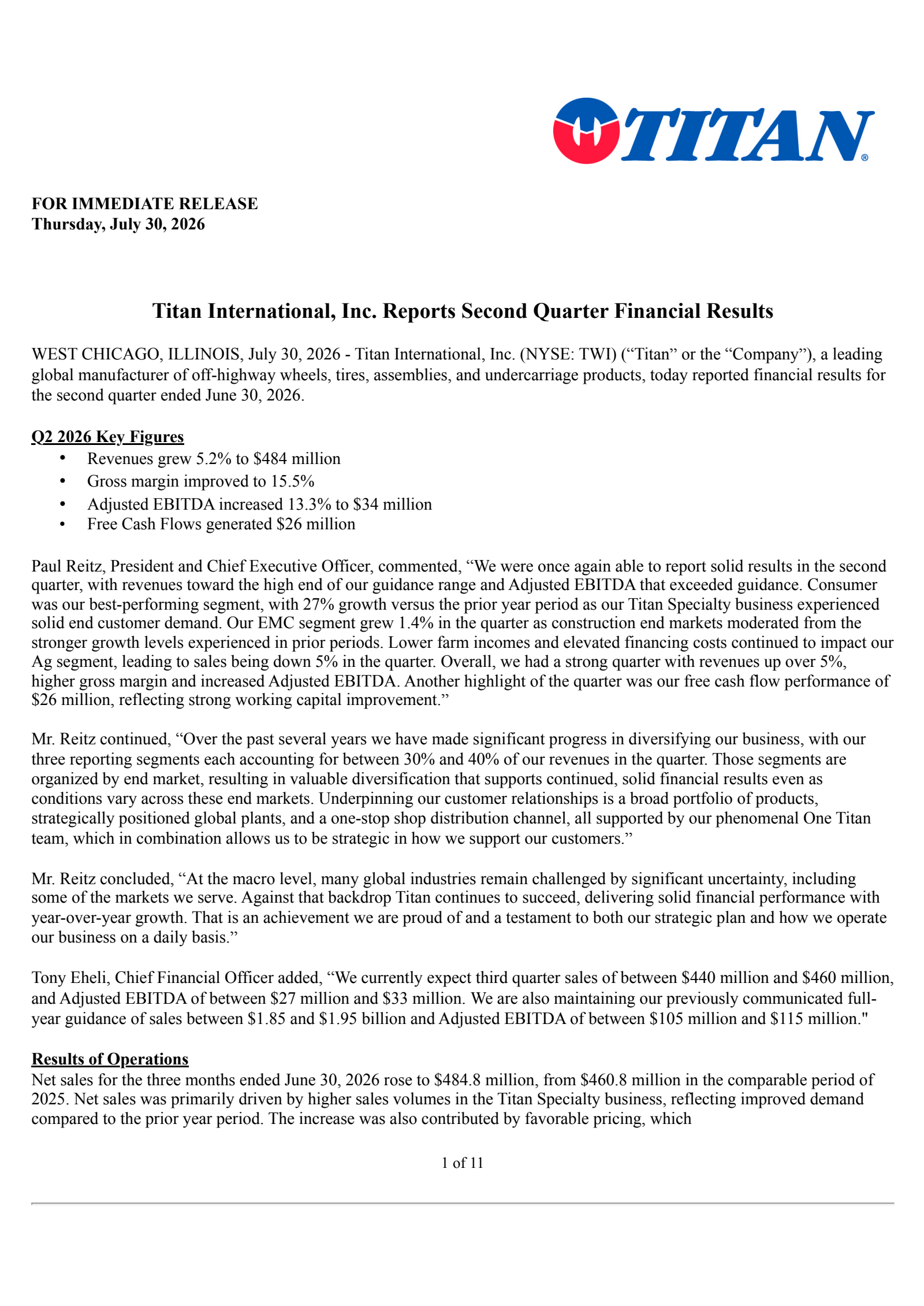Titan International's Q2 2026 Press Release