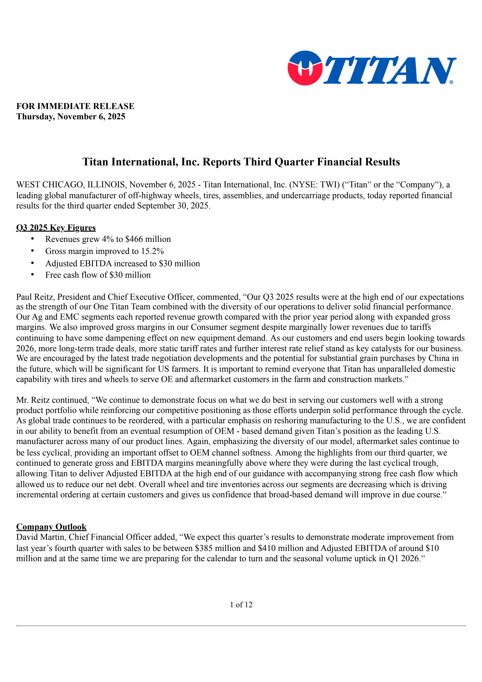 Titan International's Q3 2025 Earnings Release