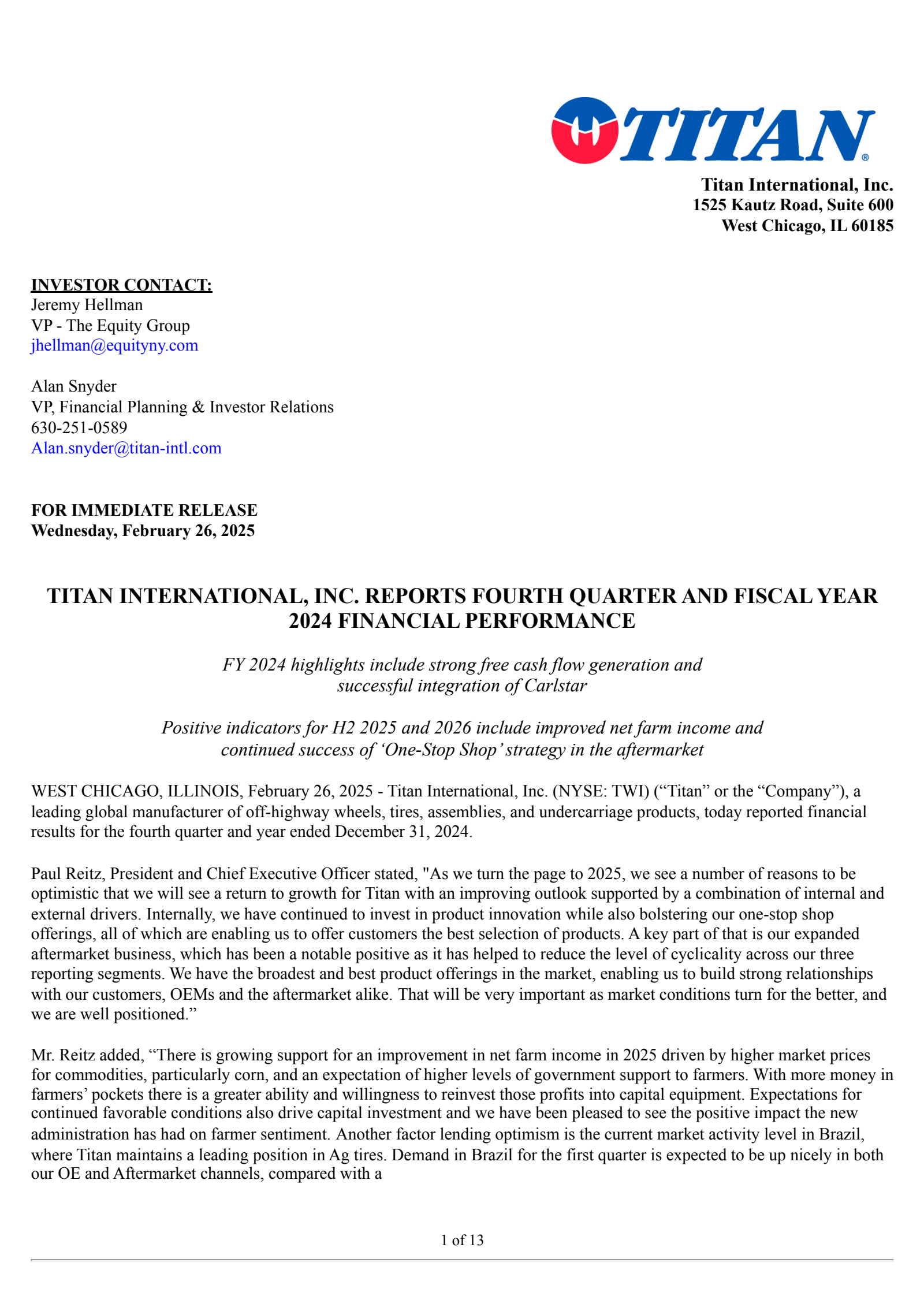 Titan International's Q4 2024 Press Release