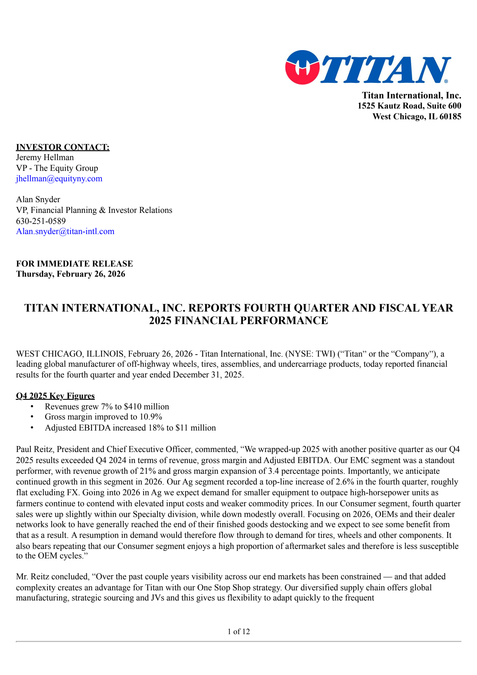 Titan International's Q4 2025 Press Release
