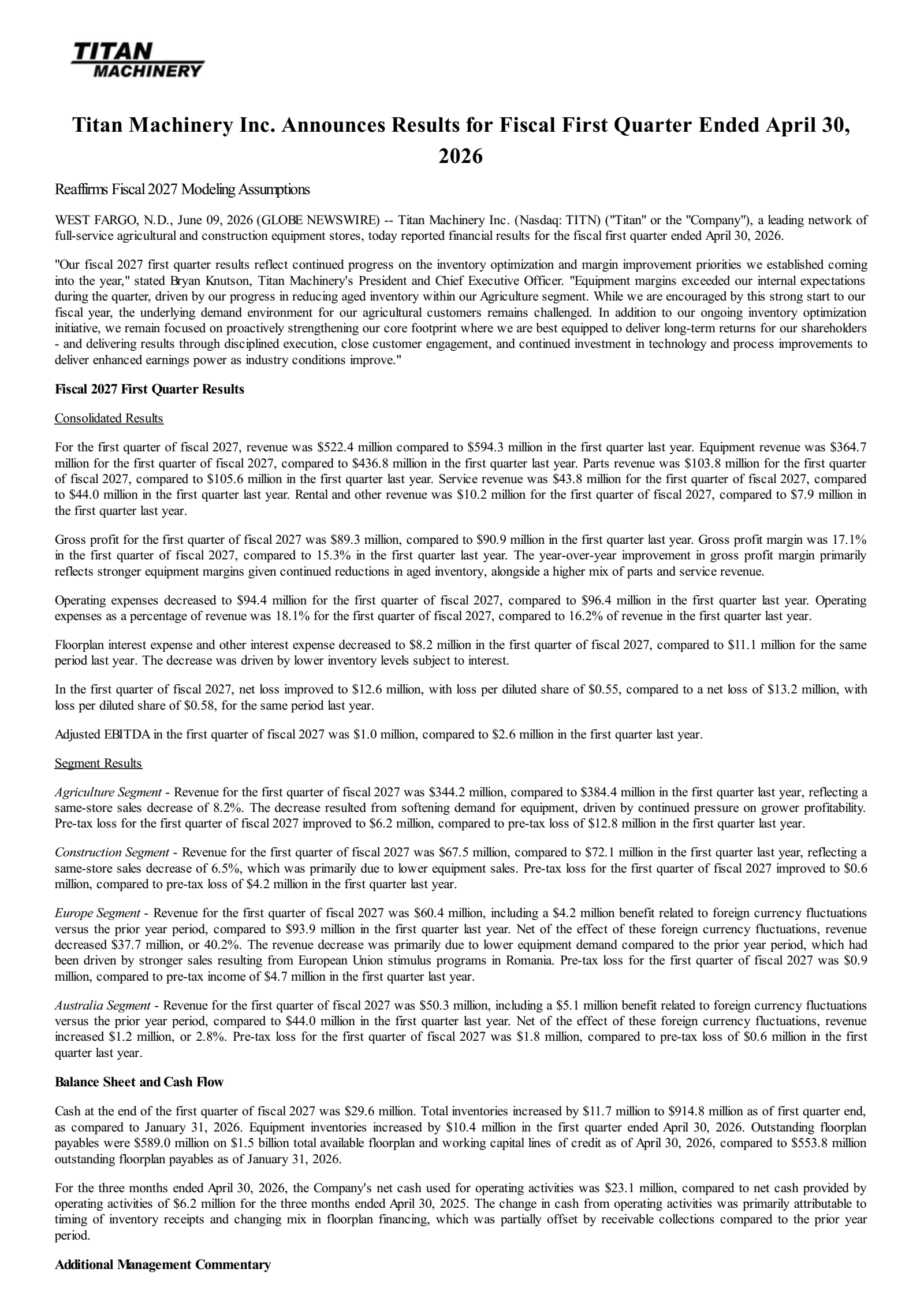 Titan Machinery's Q1 2027 Press Release