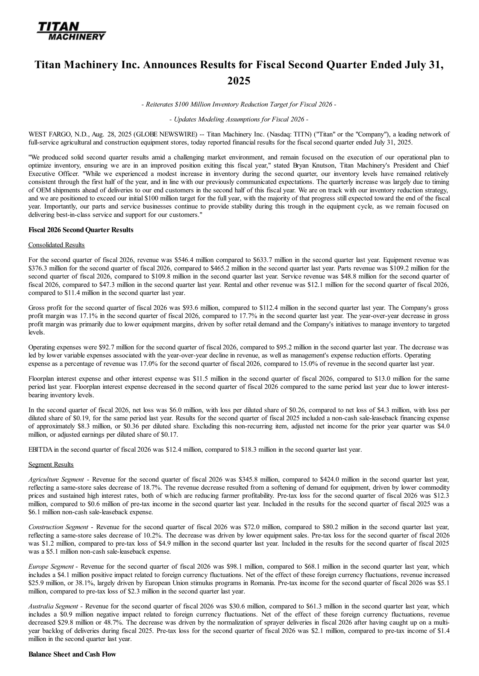 Titan Machinery's Q2 2026 Press Release