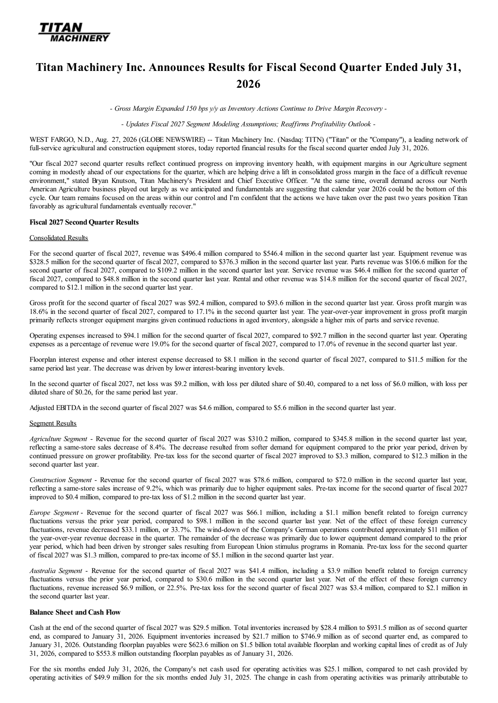 Titan Machinery's Q2 2027 Press Release