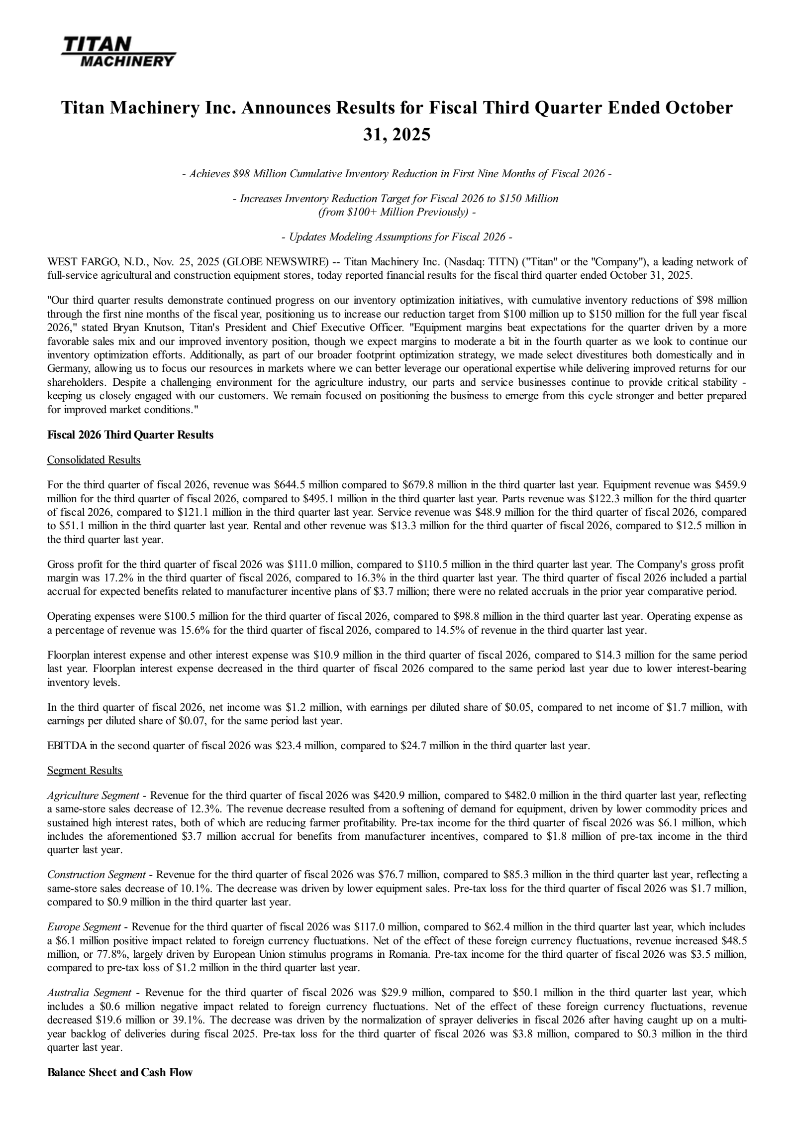 Titan Machinery's Q3 2026 Earnings Release