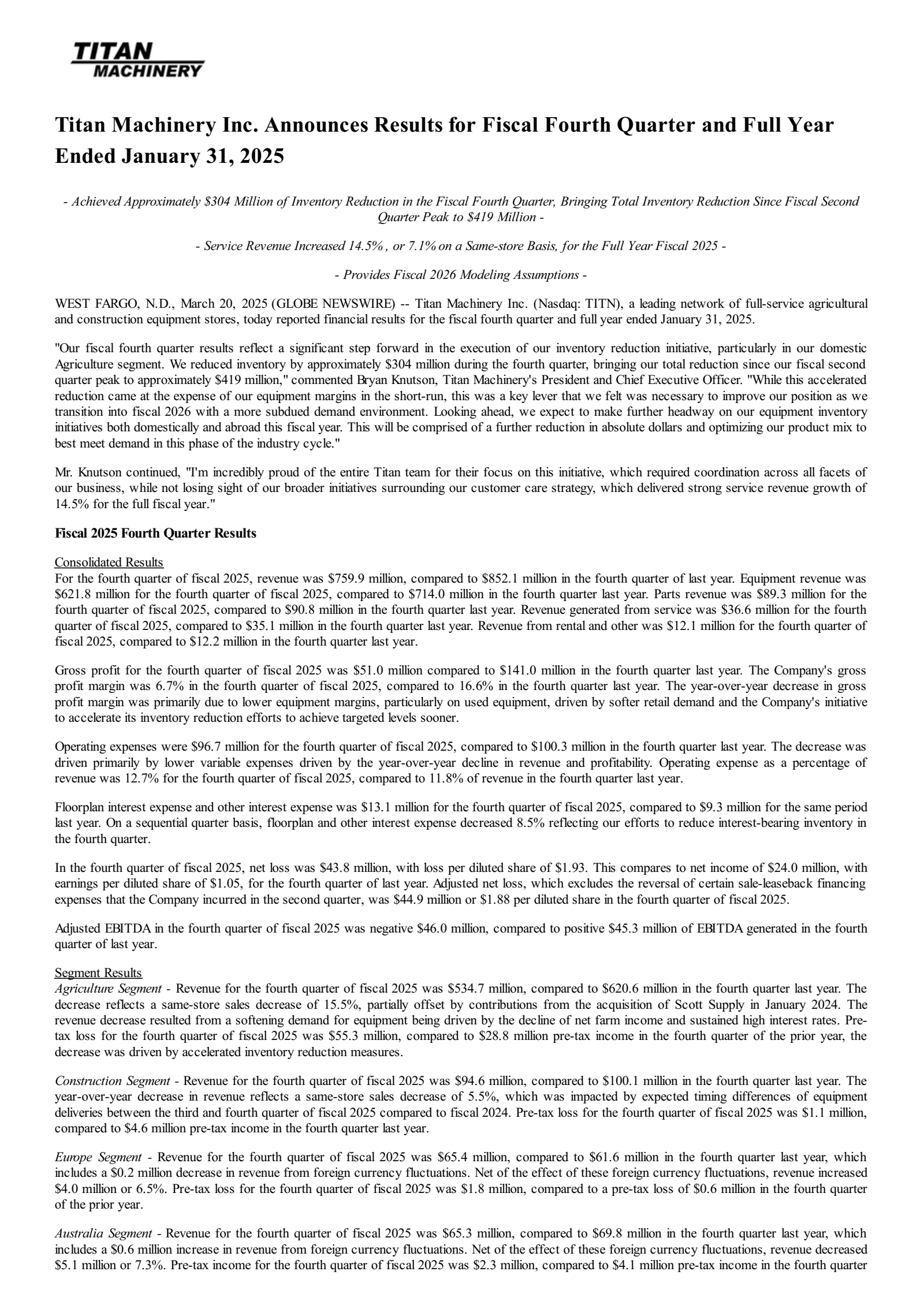 Titan Machinery's Q4 2025 Press Release