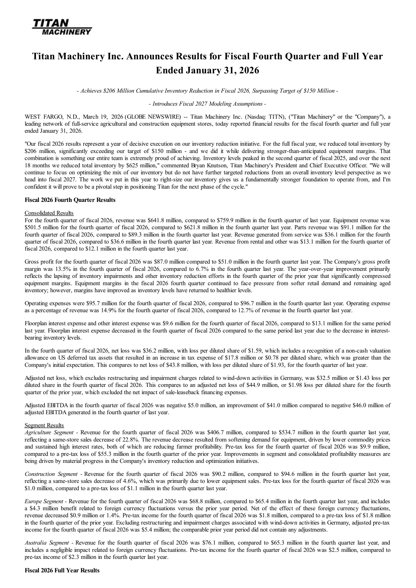 Titan Machinery's Q4 2026 Press Release