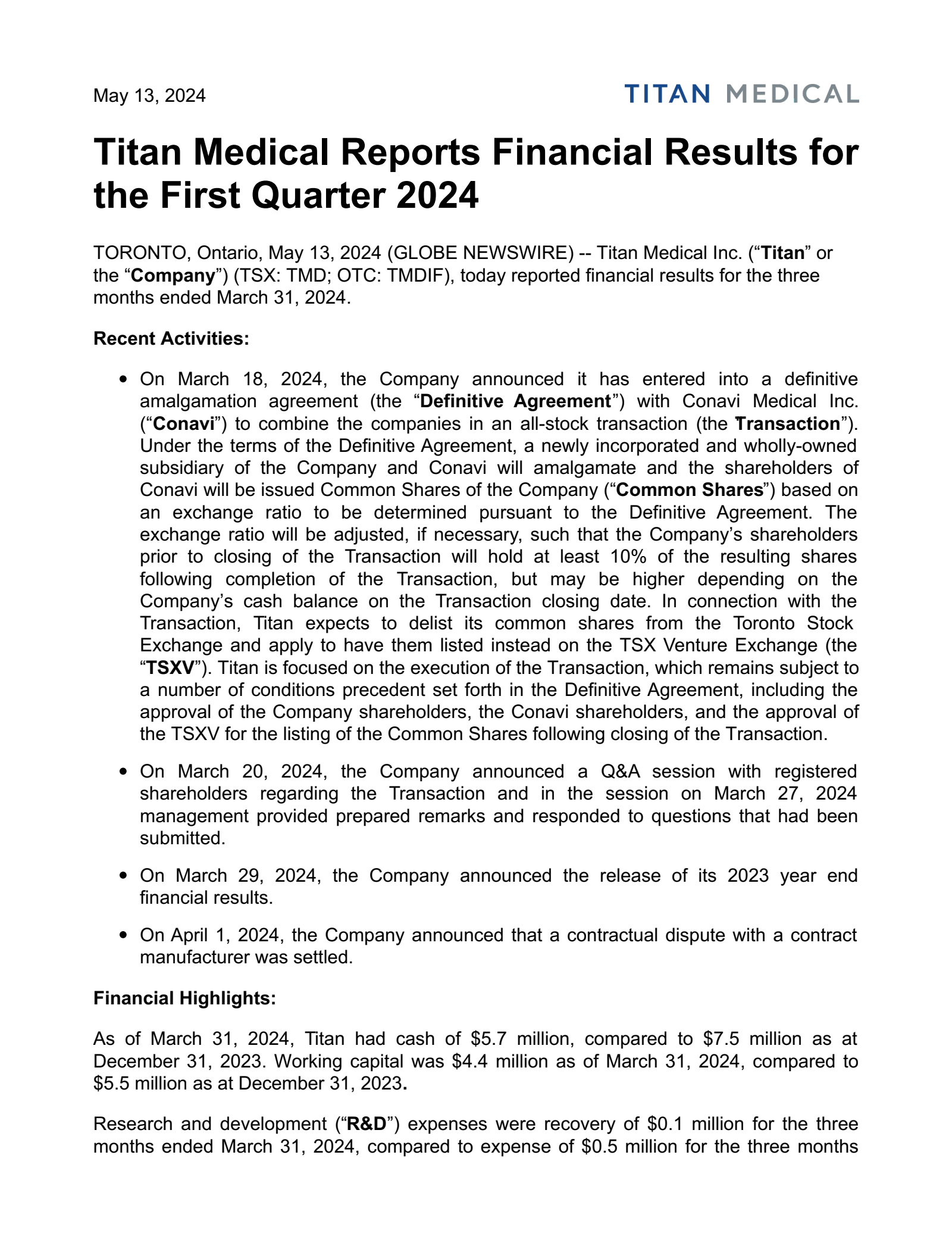 Titan Medical's Q1 2024 Press Release